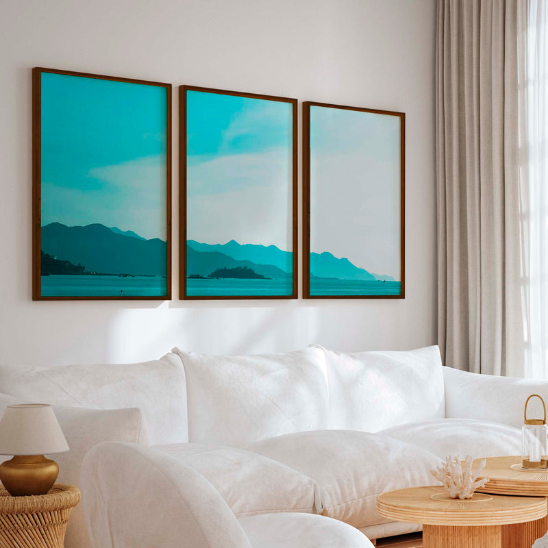 Coastal Pictures for Wall – Misty Mountains and Calm Sea - Dark Brown Framed Poster No Border - Artworksets