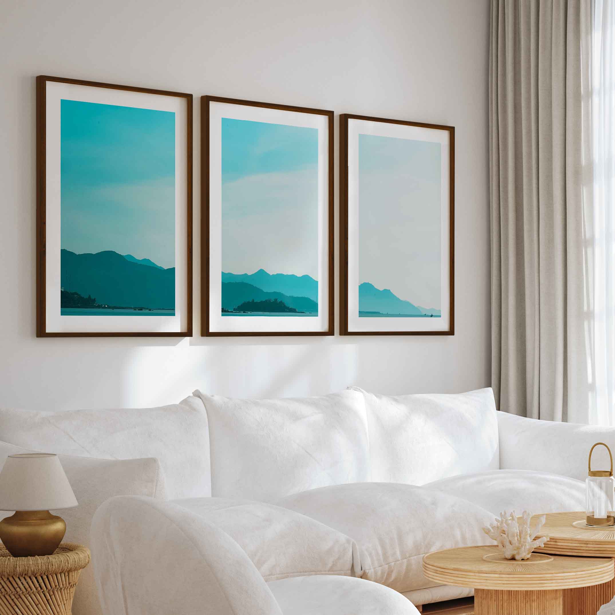 Coastal Pictures for Wall – Misty Mountains and Calm Sea - Dark Brown Framed Poster with White Border - Artworksets