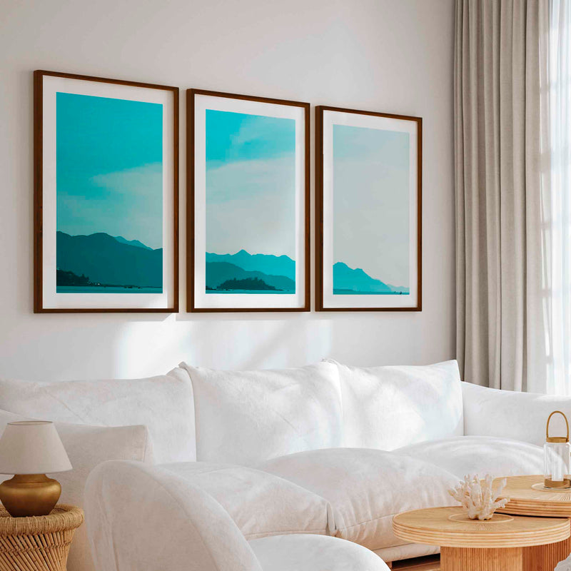 Coastal Pictures for Wall – Misty Mountains and Calm Sea - Dark Brown Framed Poster with White Border - Artworksets