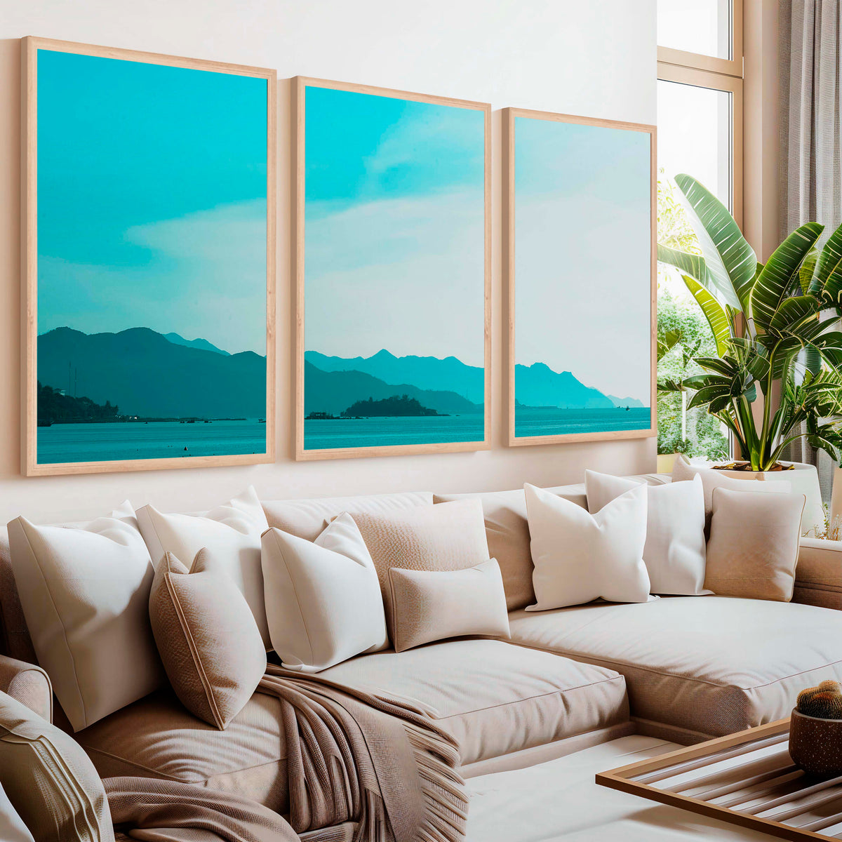 Coastal Pictures for Wall – Misty Mountains and Calm Sea - Natural Wood Framed Poster No Border - Artworksets
