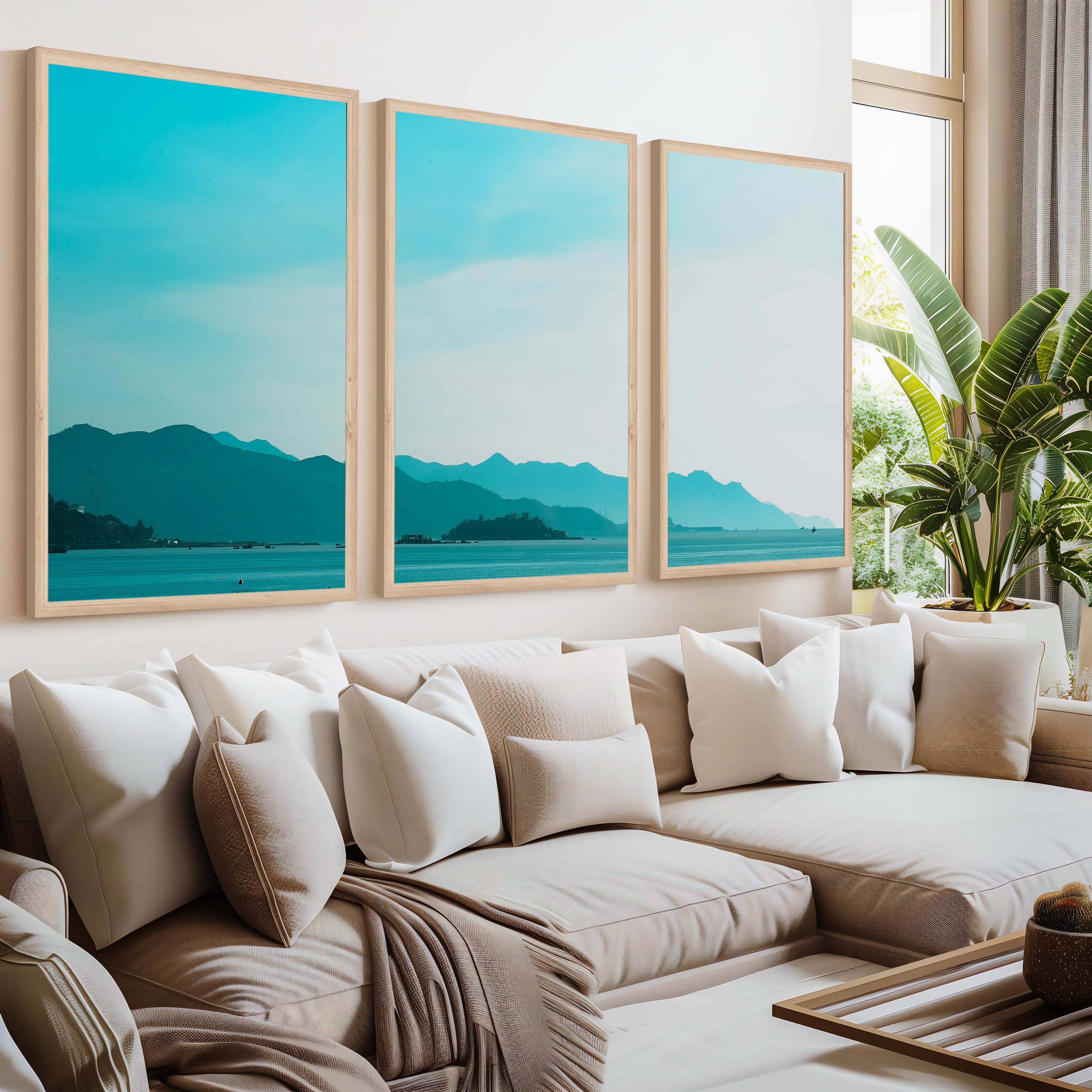 Coastal Pictures for Wall – Misty Mountains and Calm Sea - Natural Wood Framed Poster No Border - Artworksets