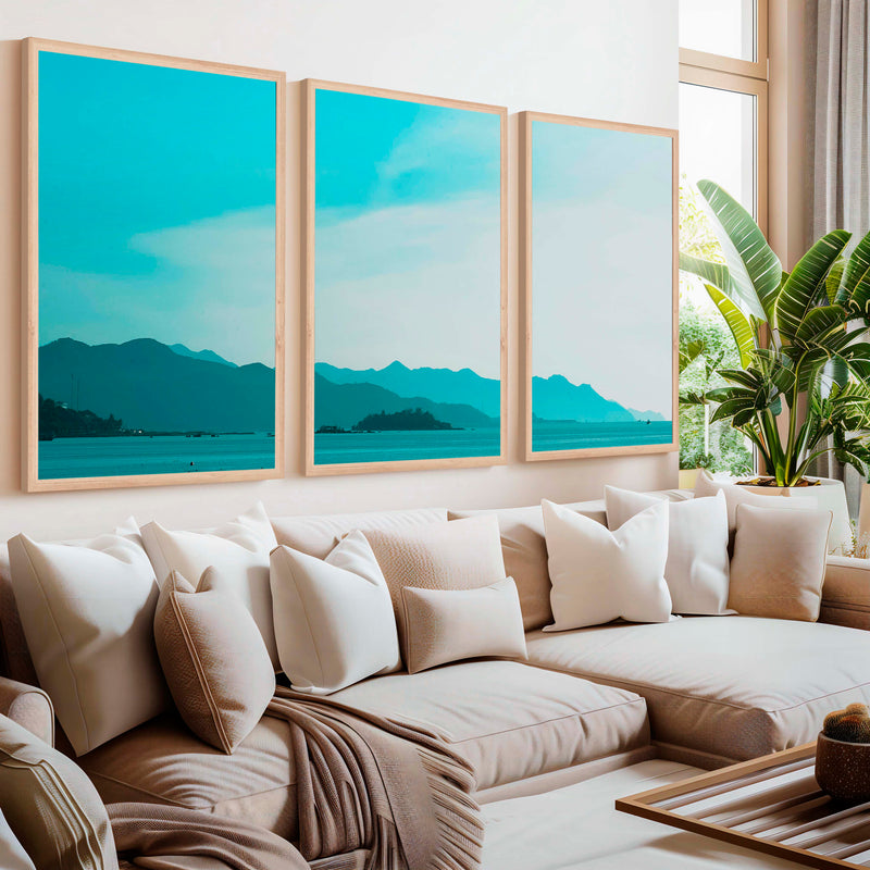 Coastal Pictures for Wall – Misty Mountains and Calm Sea - Natural Wood Framed Poster No Border - Artworksets