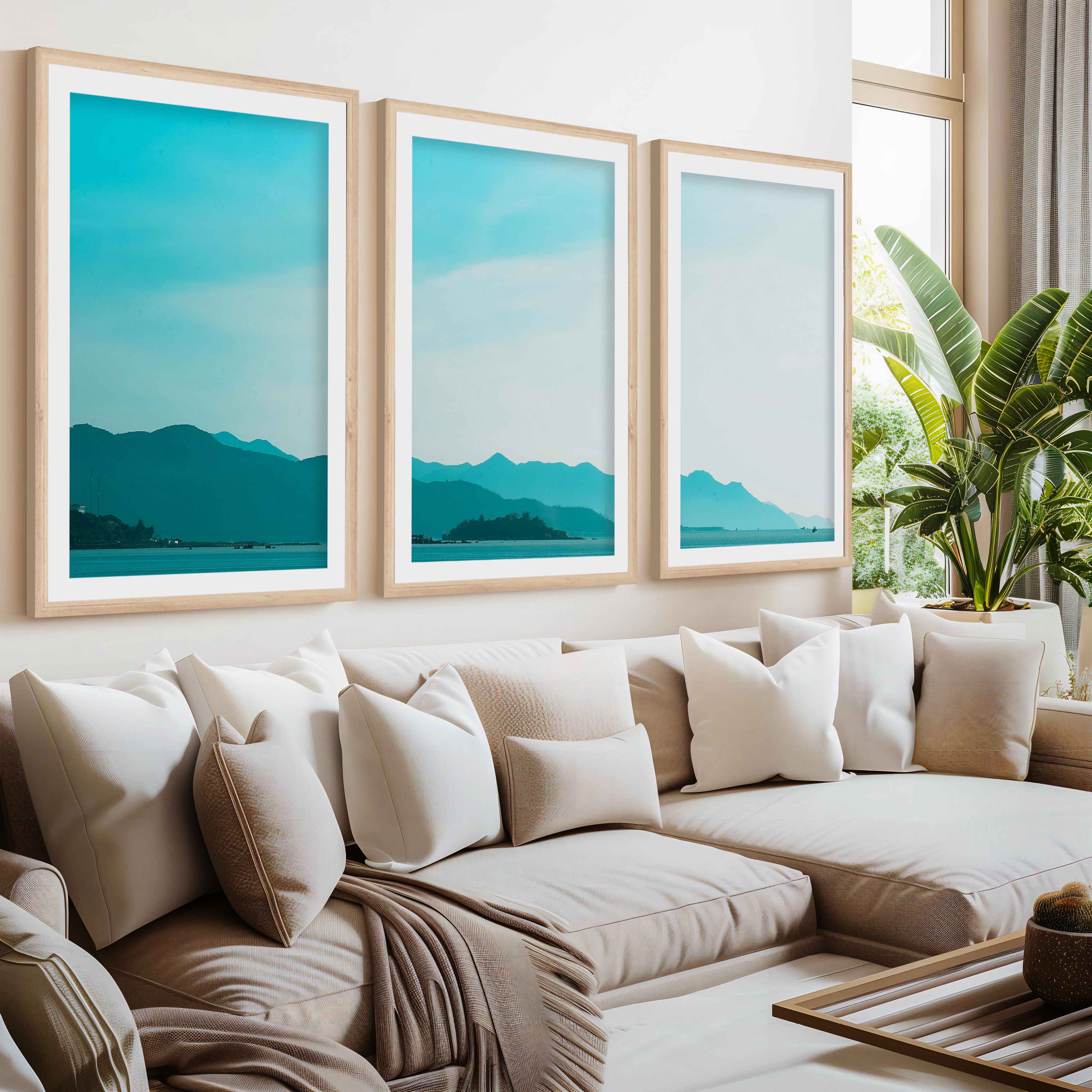 Coastal Pictures for Wall – Misty Mountains and Calm Sea- Natural Wood Framed Poster with White Border - Artworksets