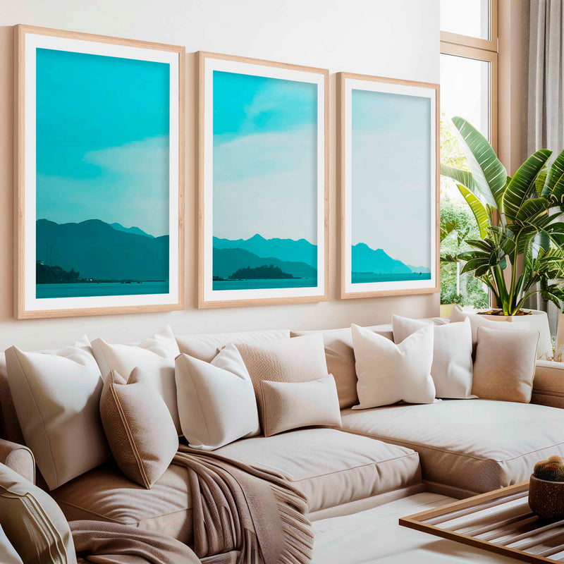 Coastal Pictures for Wall – Misty Mountains and Calm Sea- Natural Wood Framed Poster with White Border - Artworksets