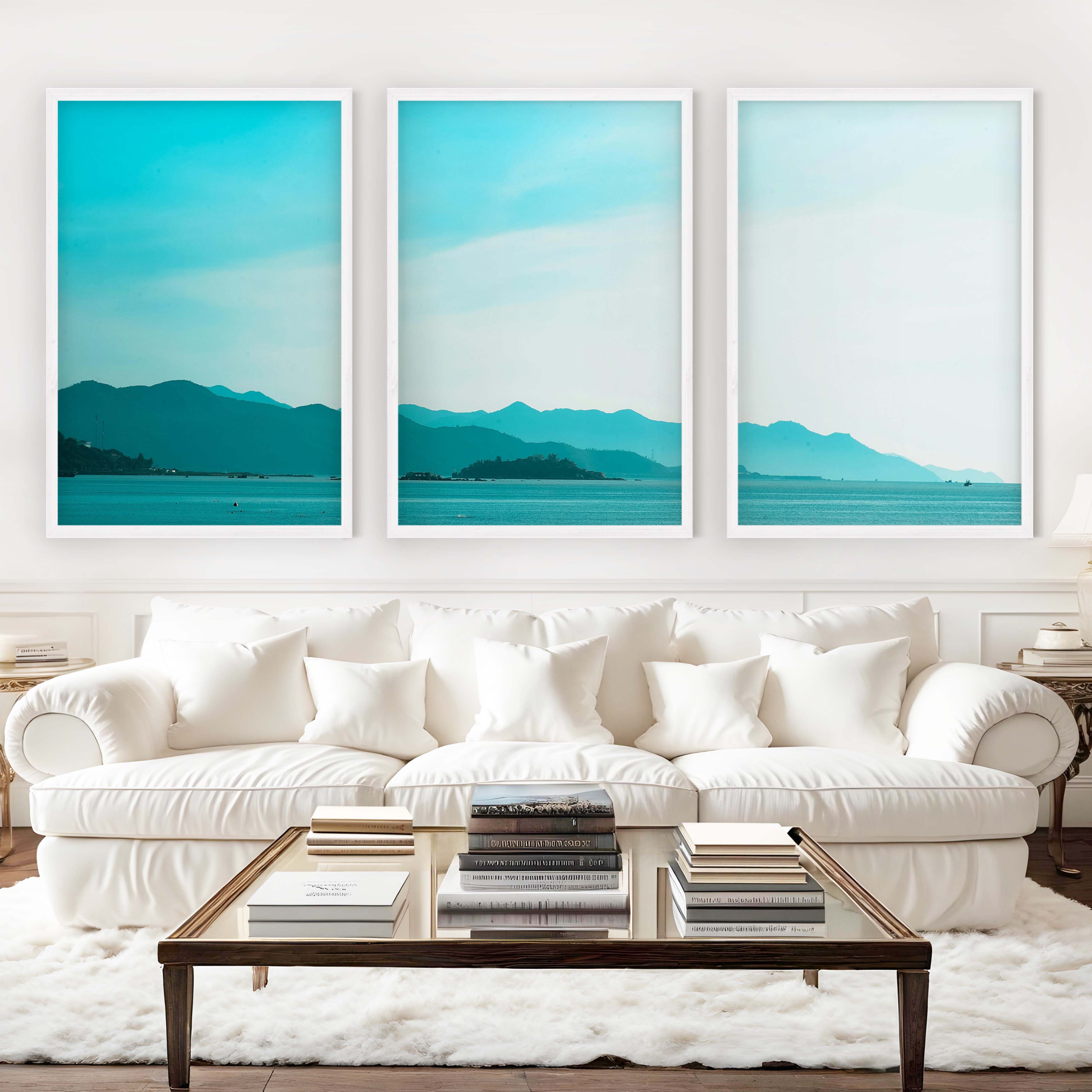 Coastal Pictures for Wall – Misty Mountains and Calm Sea - White Framed Poster No Border - Artworksets