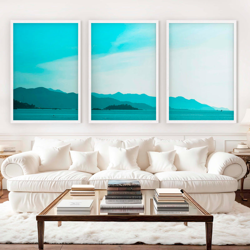 Coastal Pictures for Wall – Misty Mountains and Calm Sea - White Framed Poster No Border - Artworksets