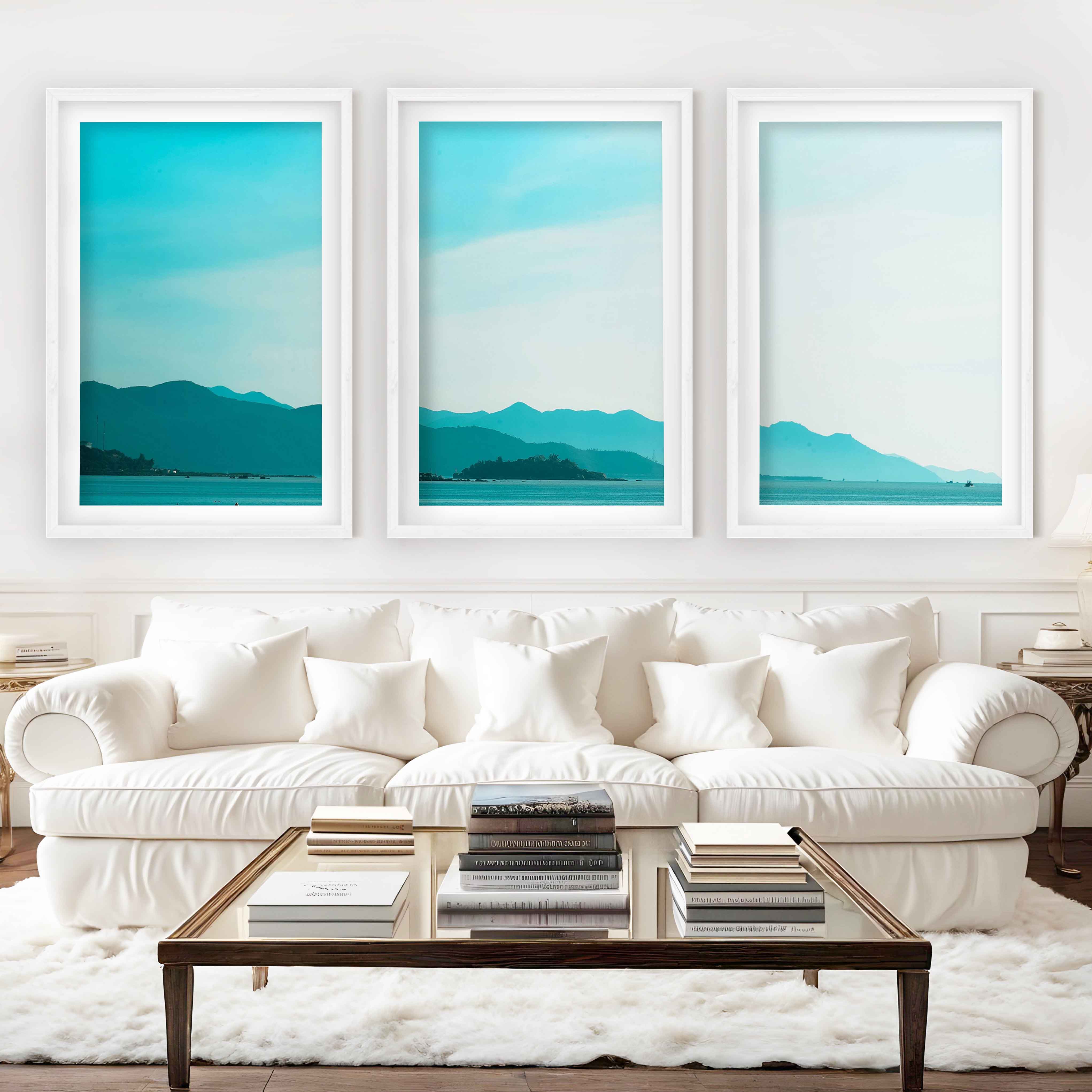 Coastal Pictures for Wall – Misty Mountains and Calm Sea - White Framed Poster with White Border - Artworksets
