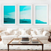 Coastal Pictures for Wall – Misty Mountains and Calm Sea - White Framed Poster with White Border - Artworksets