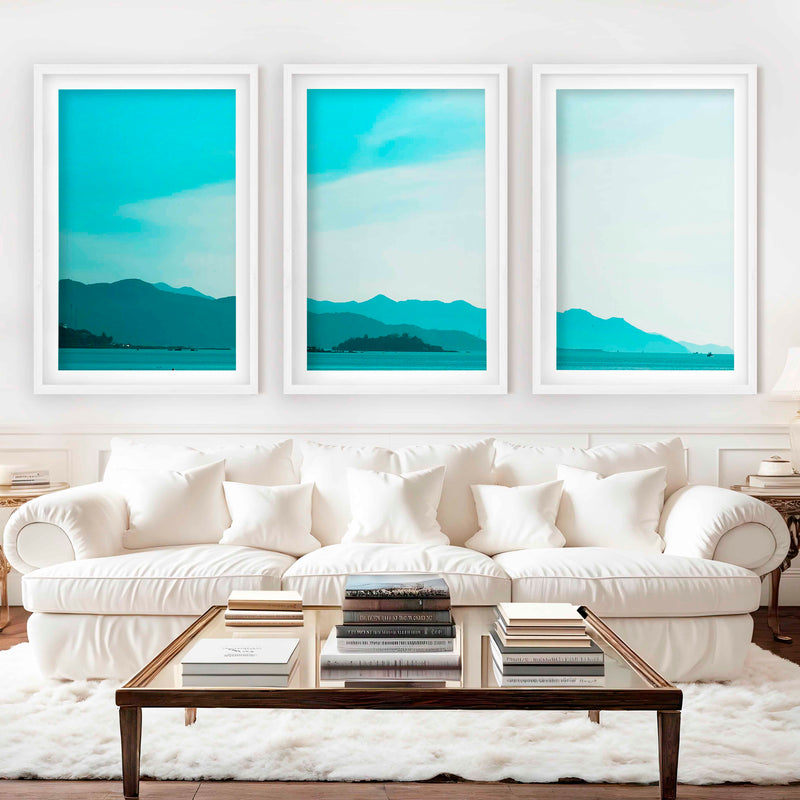 Coastal Pictures for Wall – Misty Mountains and Calm Sea - White Framed Poster with White Border - Artworksets