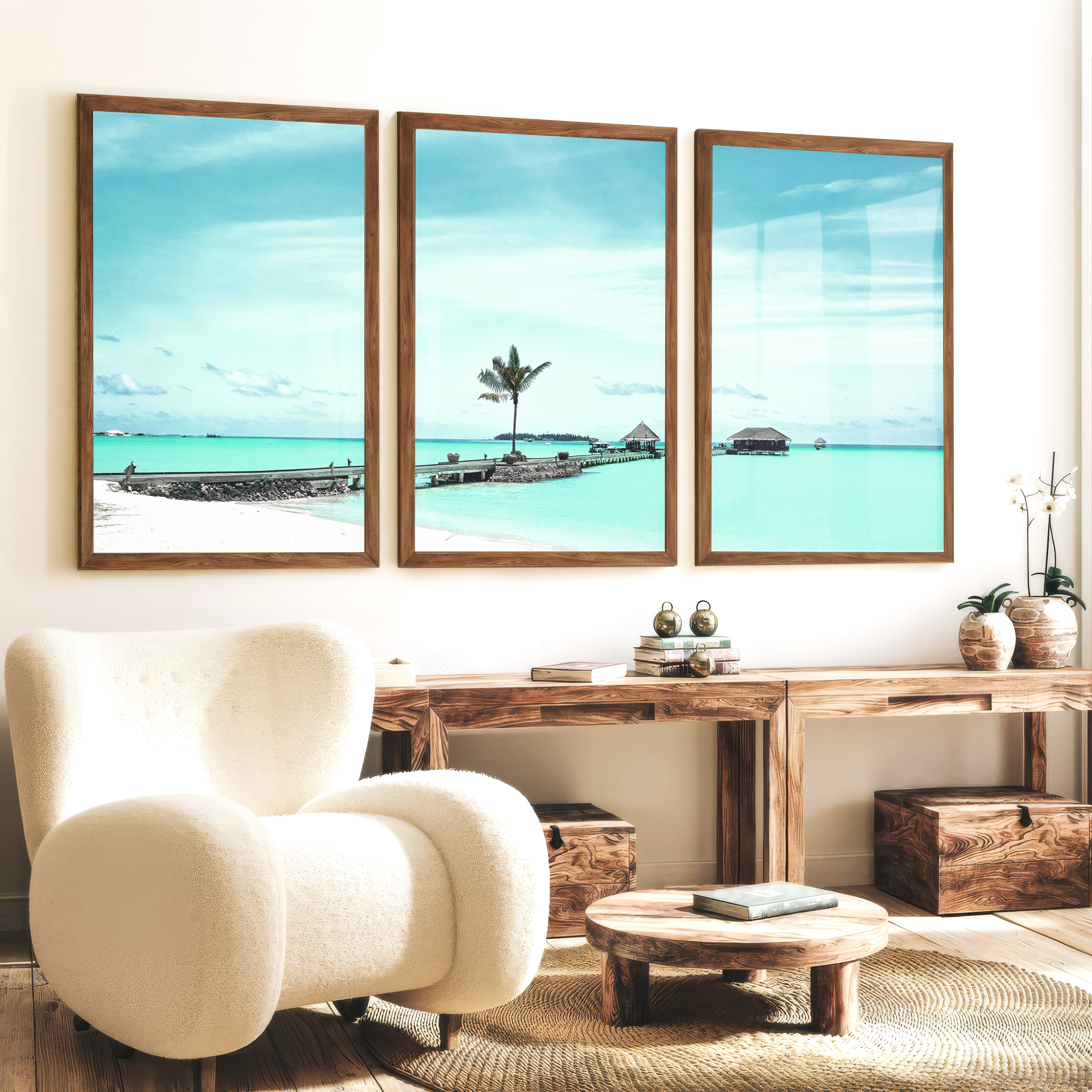Palm Pier coastal pictures for wall - Dark Brown Framed Poster No Border - Artworksets