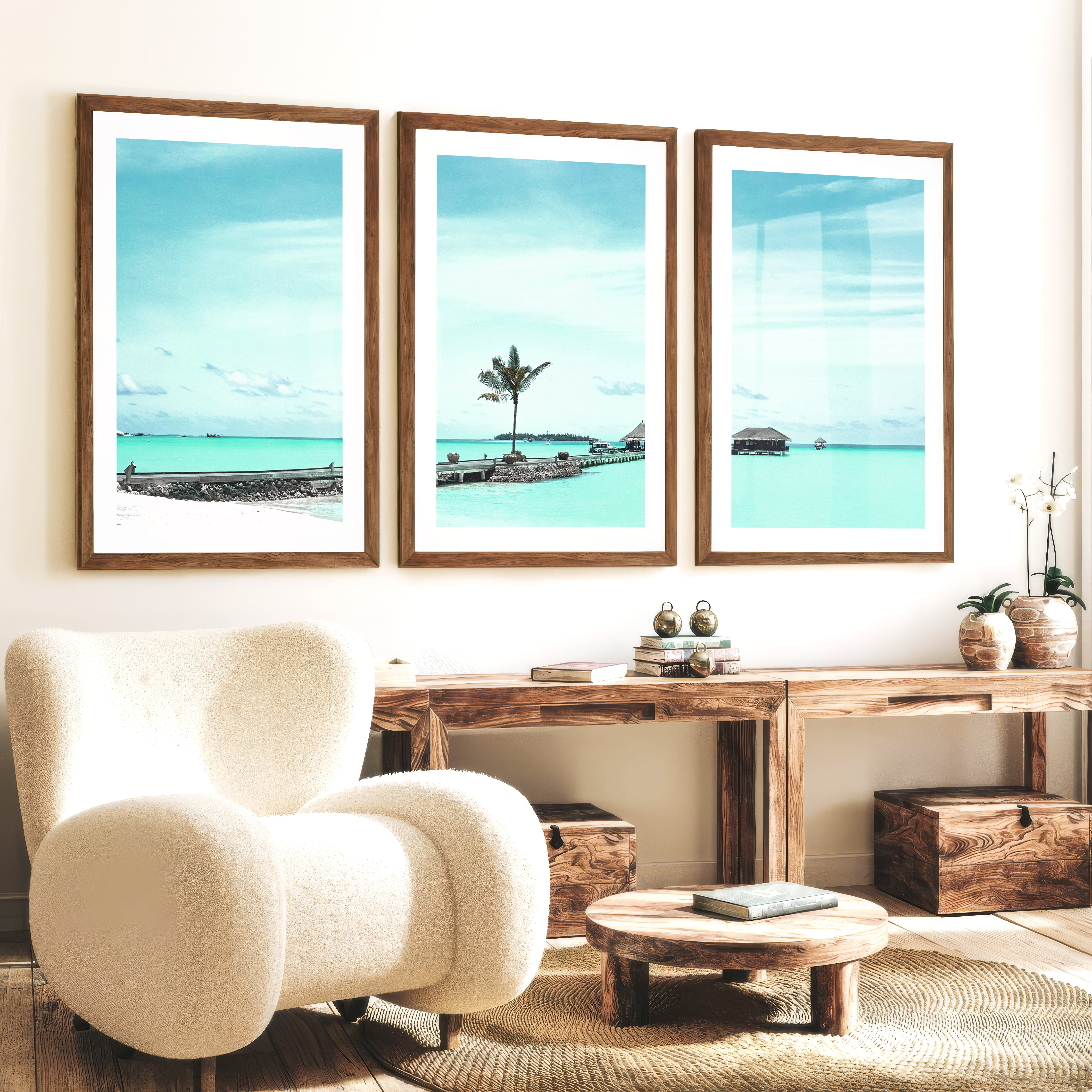 Palm Pier coastal pictures for wall - Dark Brown Framed Poster with White Border - Artworksets