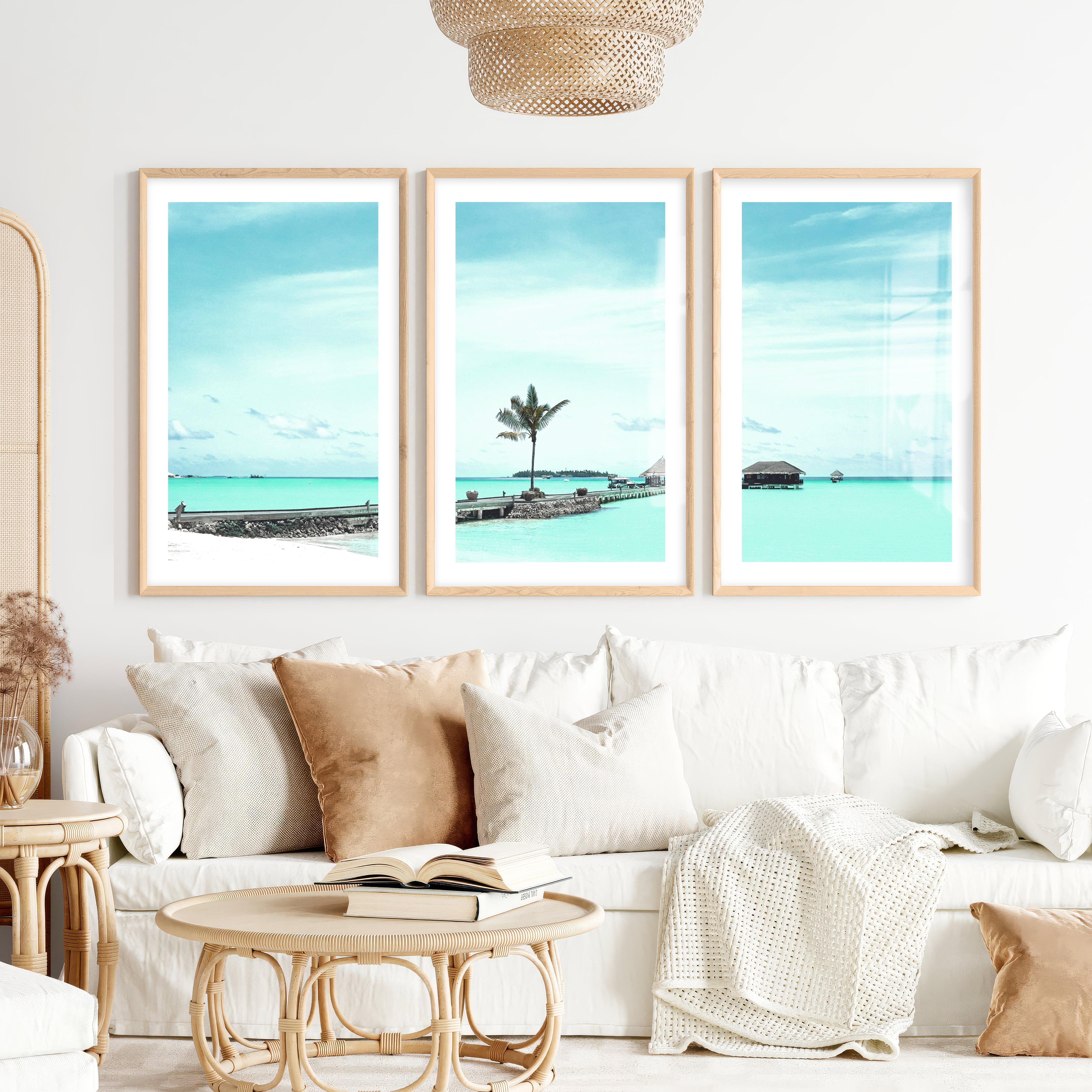 Palm Pier coastal pictures for wall- Natural Wood Framed Poster with White Border - Artworksets