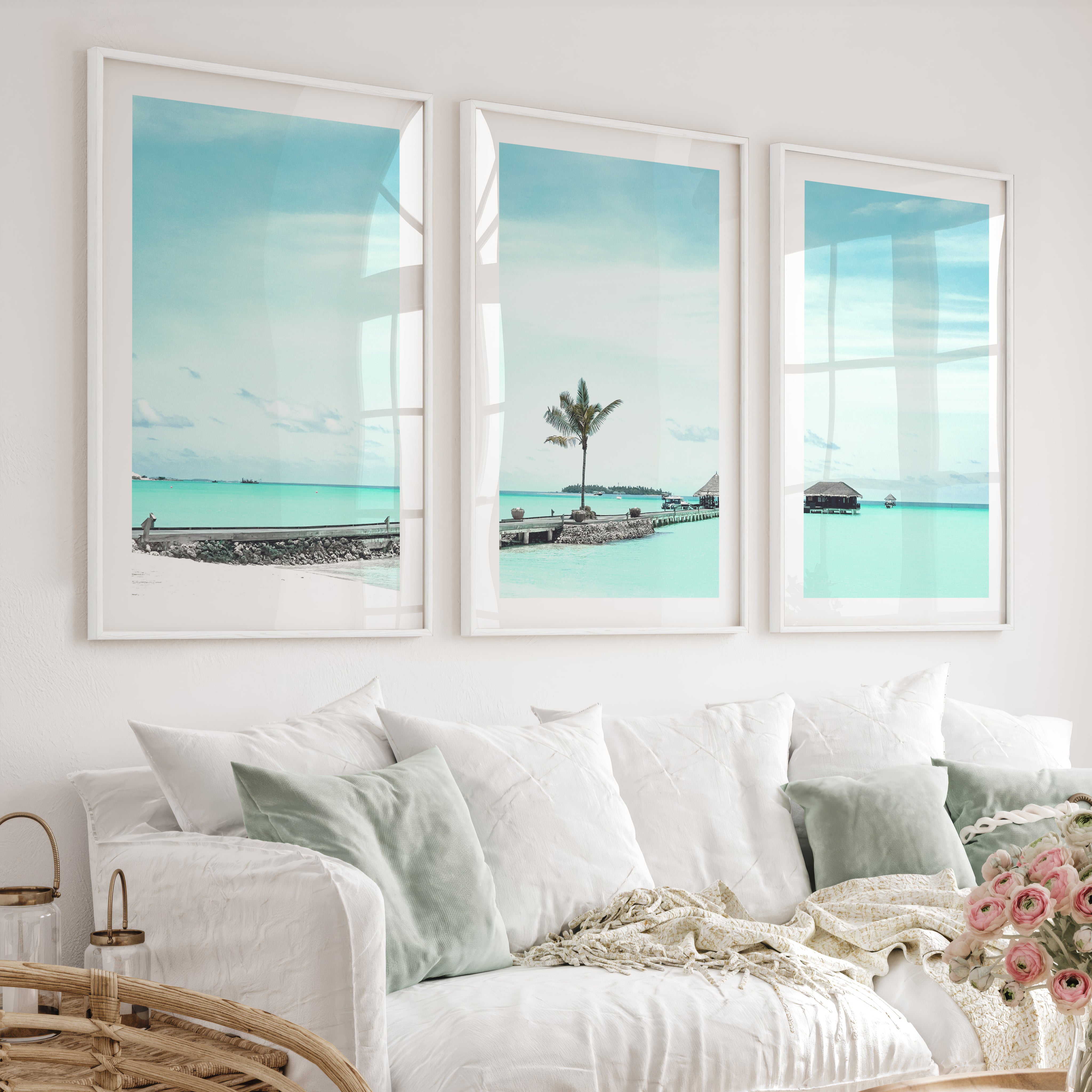 Palm Pier coastal pictures for wall - White Framed Poster with White Border - Artworksets
