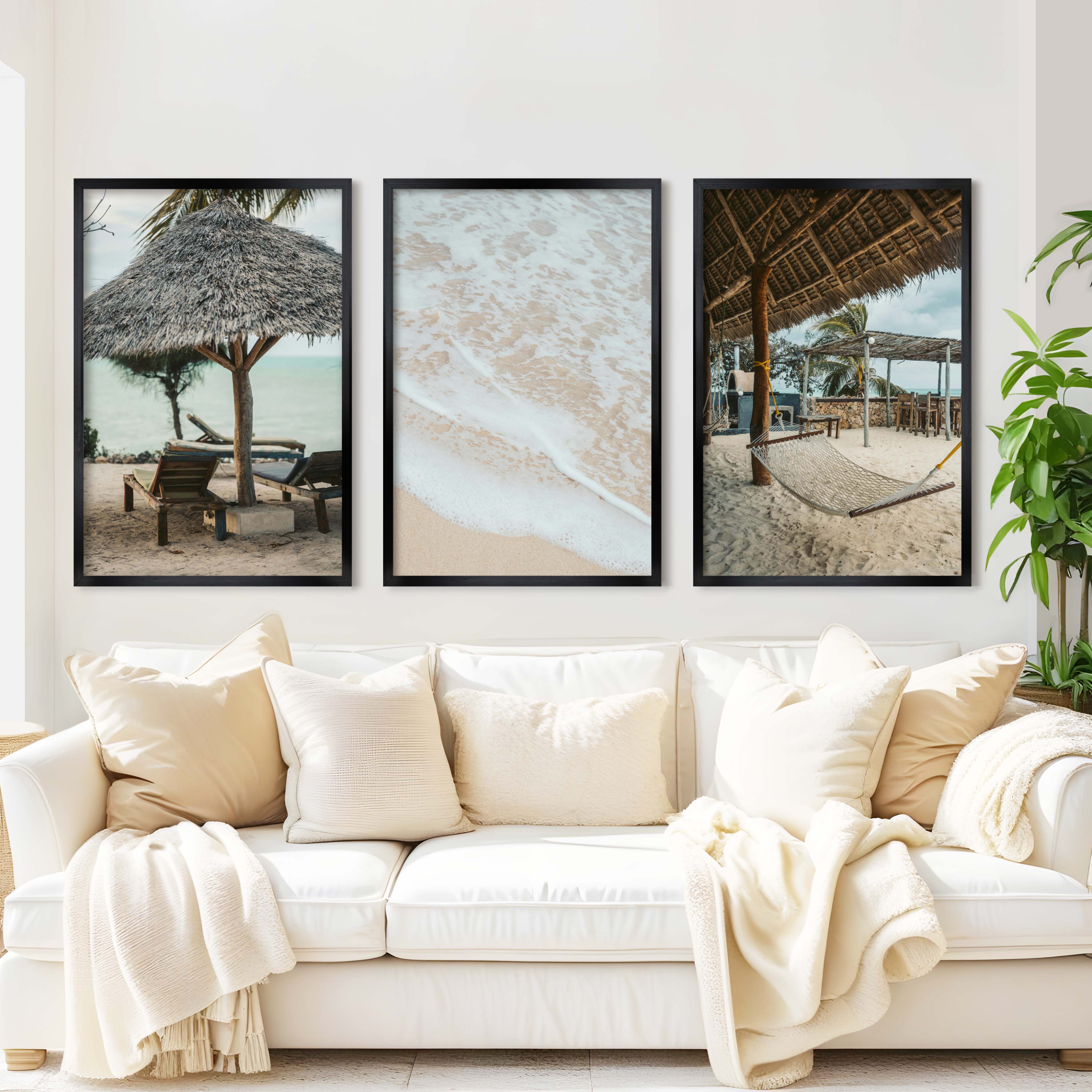 Coastal Prints – Beach Hammock, Palms & Shoreline Photography (Set of 3) - Black Framed Poster No Border - Artworksets