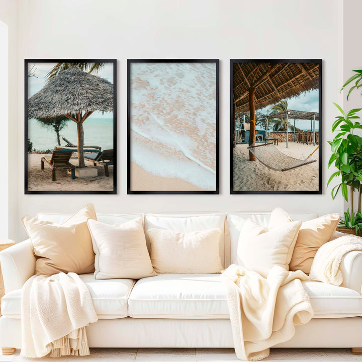 Coastal Prints – Beach Hammock, Palms & Shoreline Photography (Set of 3) - Black Framed Poster No Border - Artworksets
