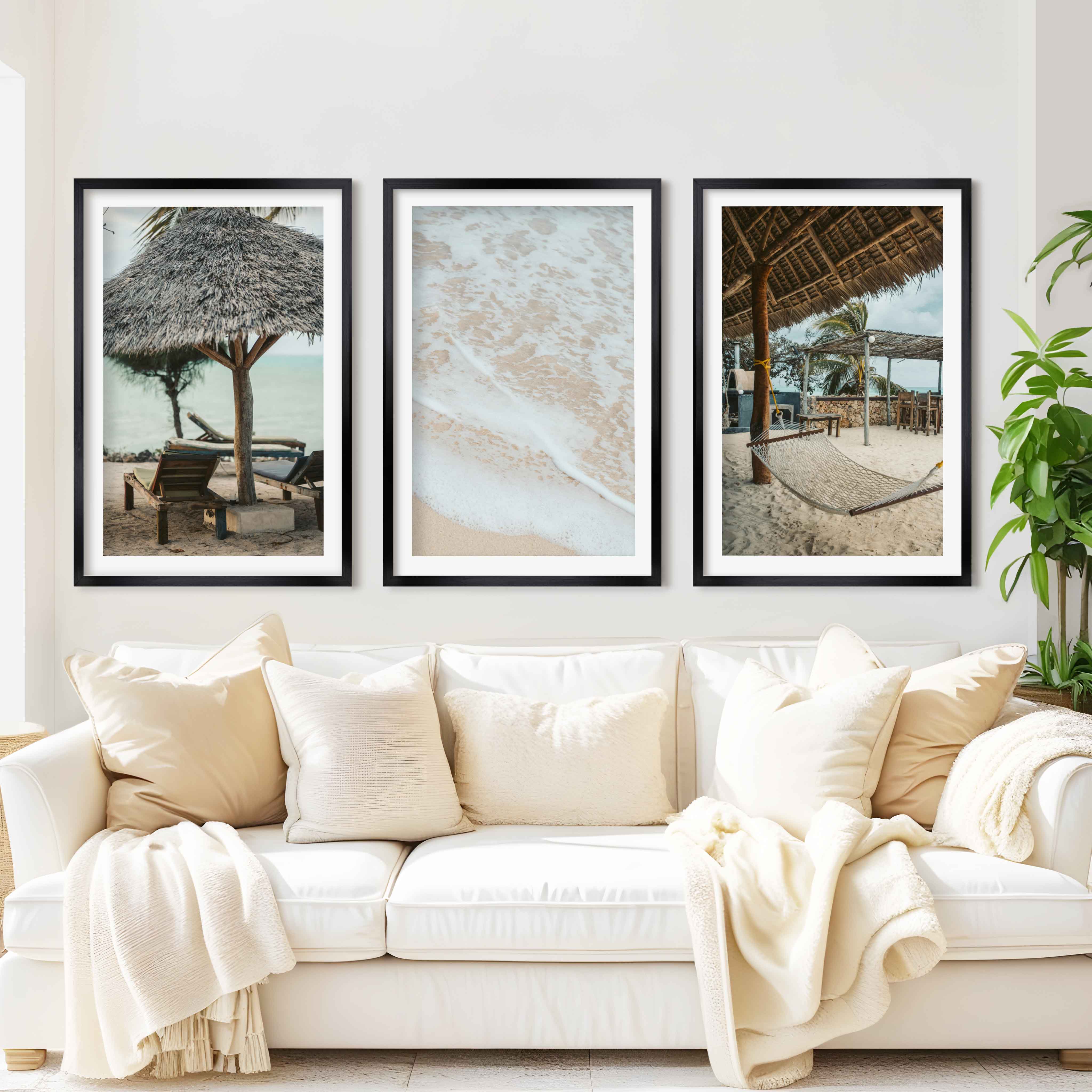 Coastal Prints – Beach Hammock, Palms & Shoreline Photography (Set of 3) - Black Framed Poster with White Border - Artworksets