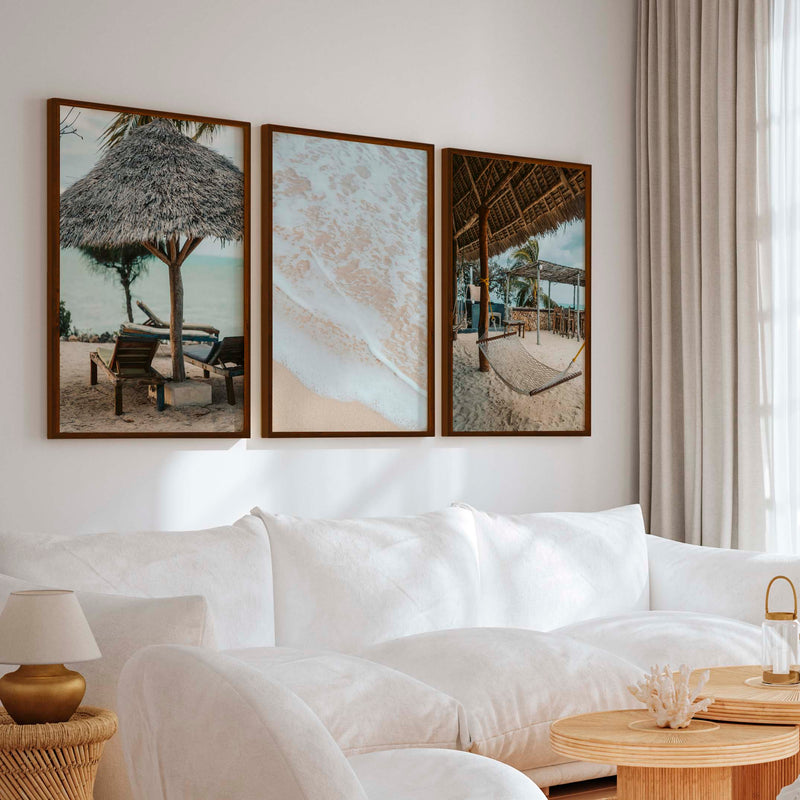 Coastal Prints – Beach Hammock, Palms & Shoreline Photography (Set of 3) - Dark Brown Framed Poster No Border - Artworksets