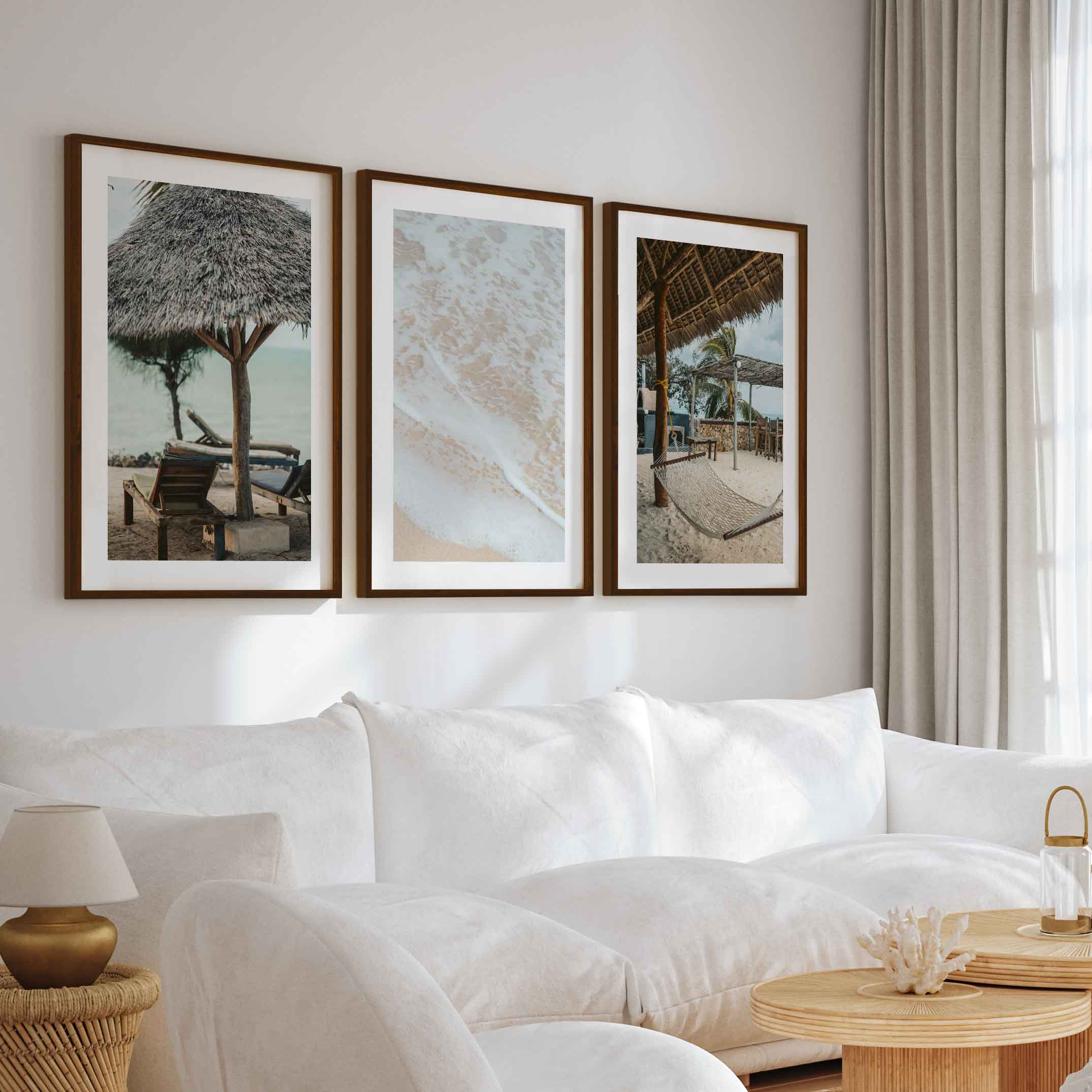 Coastal Prints – Beach Hammock, Palms & Shoreline Photography (Set of 3) - Dark Brown Framed Poster with White Border - Artworksets