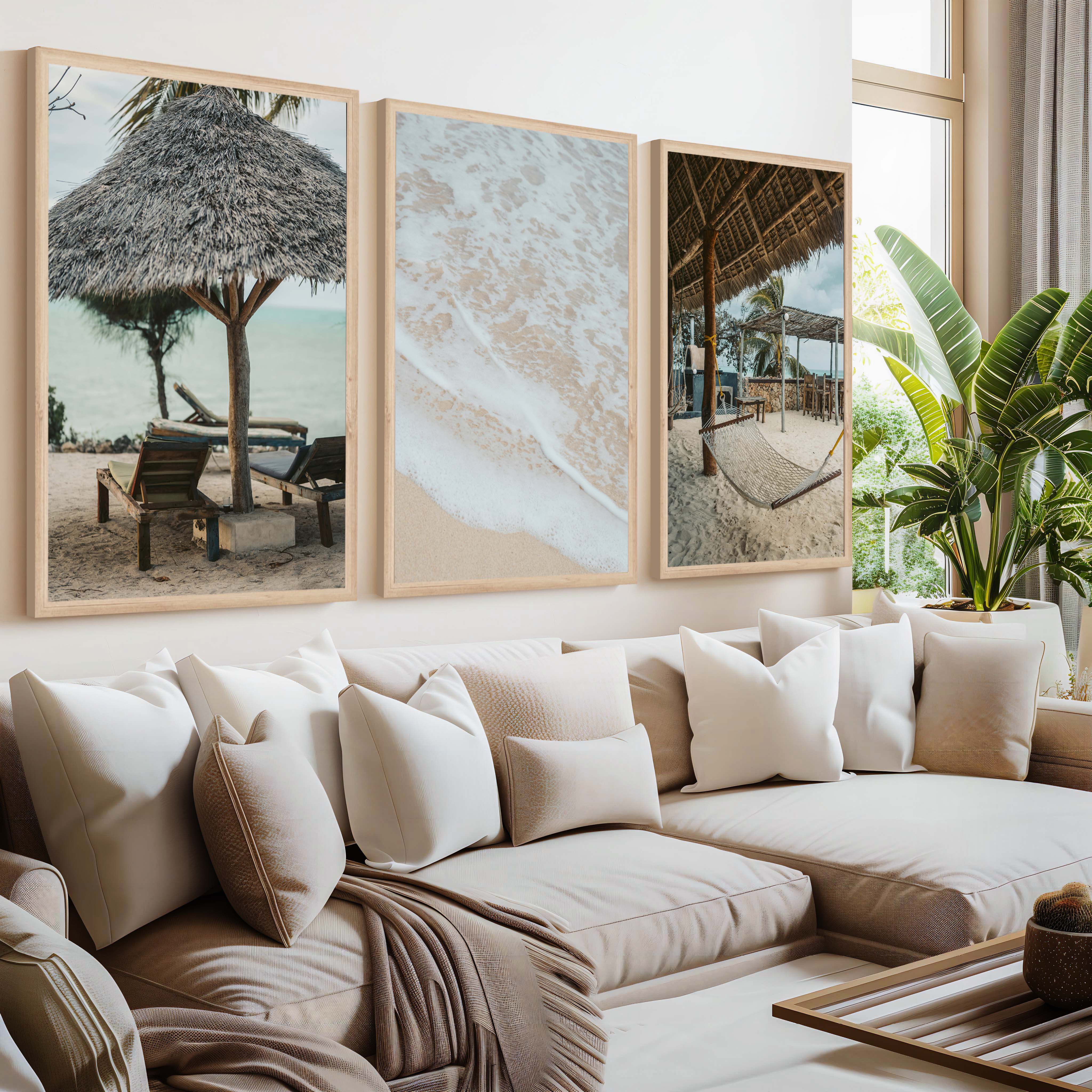 Coastal Prints – Beach Hammock, Palms & Shoreline Photography (Set of 3) - Natural Wood Framed Poster No Border - Artworksets