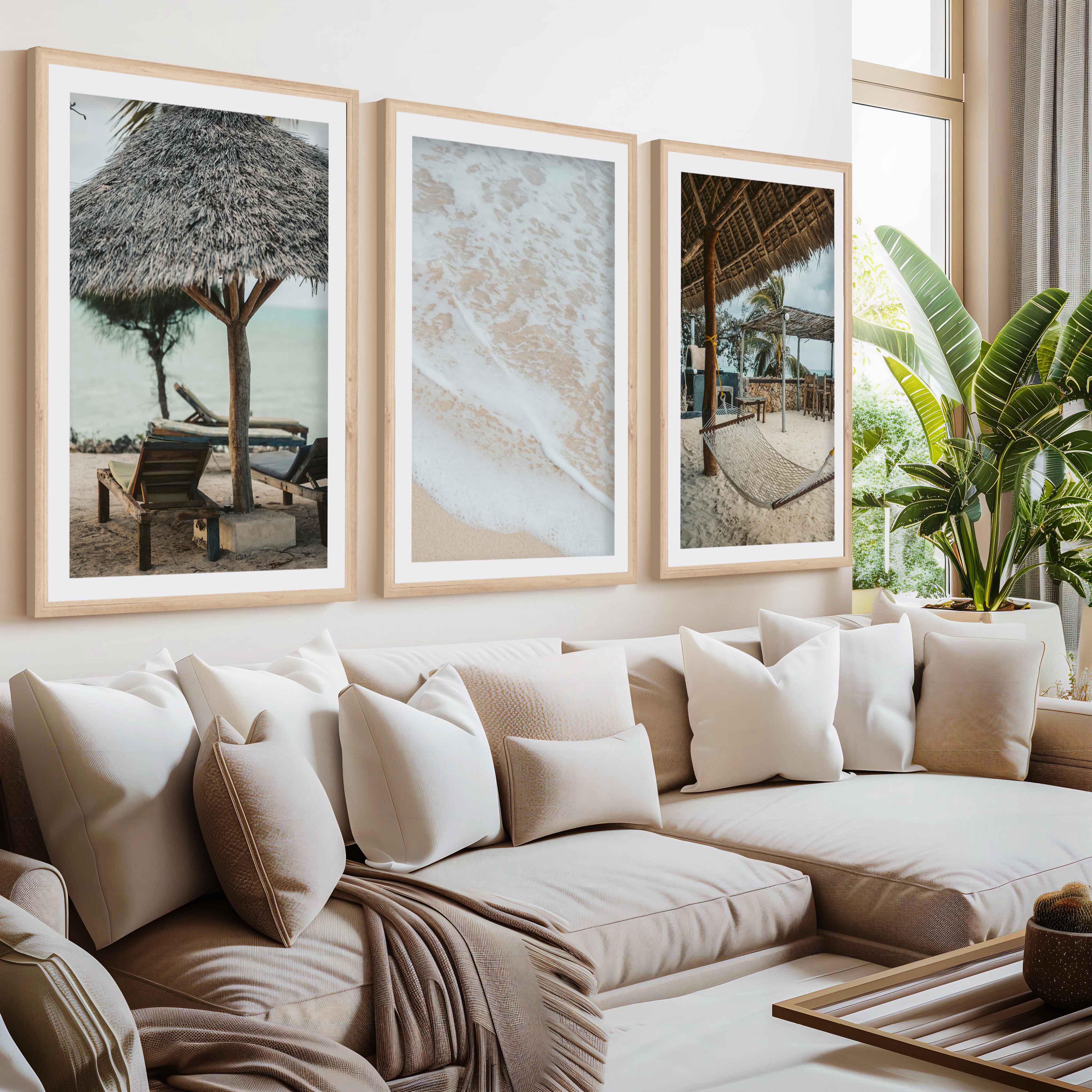 Coastal Prints – Beach Hammock, Palms & Shoreline Photography (Set of 3)- Natural Wood Framed Poster with White Border - Artworksets