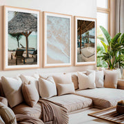 Coastal Prints – Beach Hammock, Palms & Shoreline Photography (Set of 3)- Natural Wood Framed Poster with White Border - Artworksets