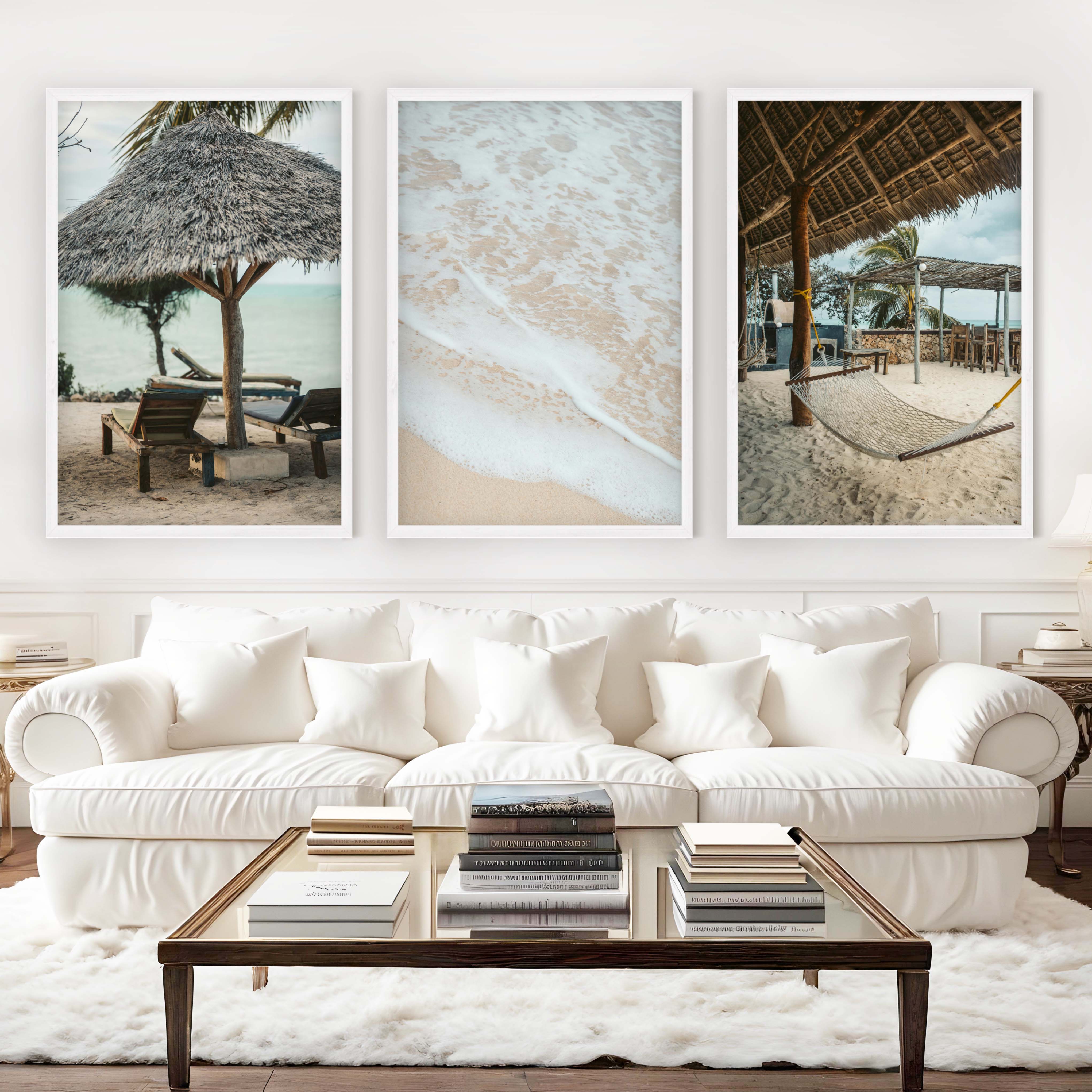 Coastal Prints – Beach Hammock, Palms & Shoreline Photography (Set of 3) - White Framed Poster No Border - Artworksets