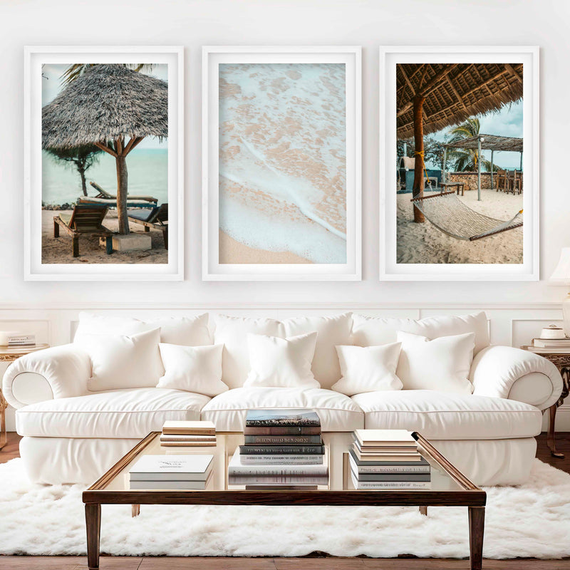 Coastal Prints – Beach Hammock, Palms & Shoreline Photography (Set of 3) - White Framed Poster with White Border - Artworksets