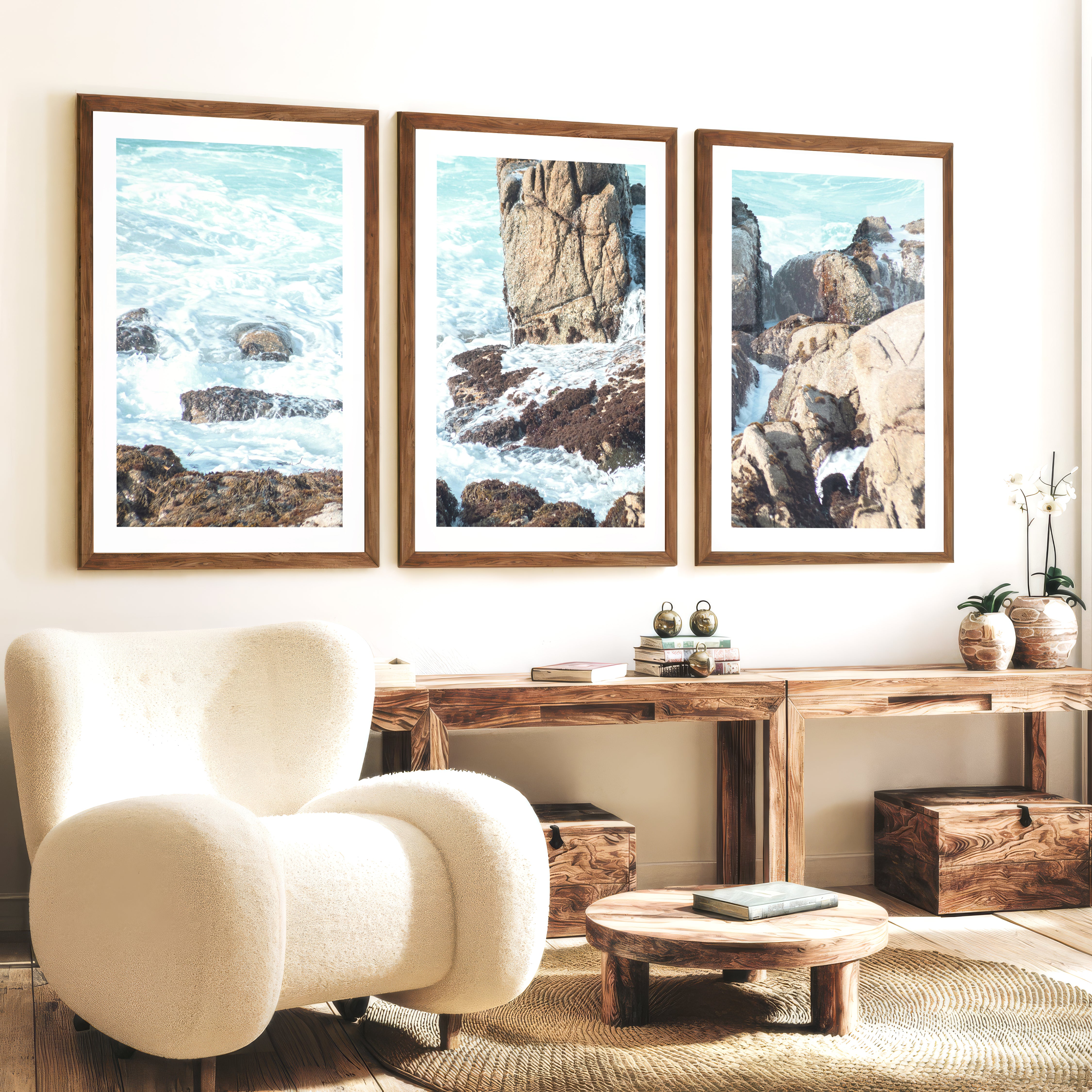 Rocky Shore Coastal Prints for Sale - Dark Brown Framed Poster with White Border - Artworksets