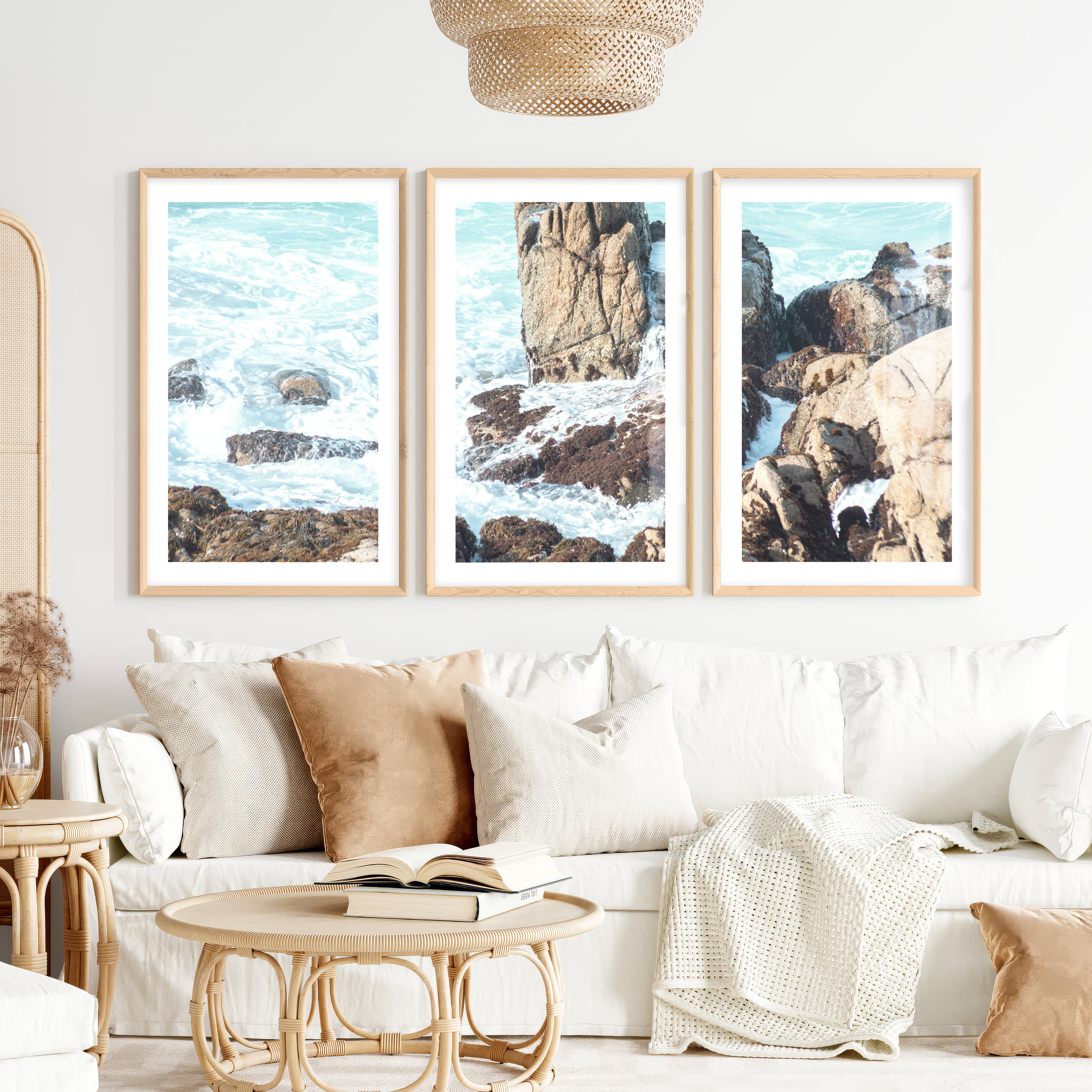 Rocky Shore Coastal Prints for Sale- Natural Wood Framed Poster with White Border - Artworksets