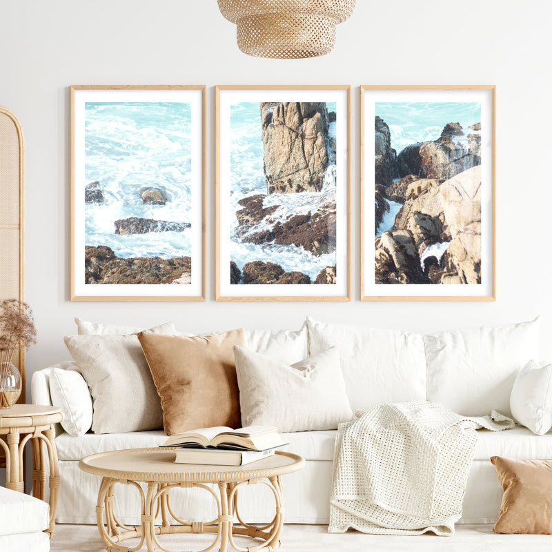 Rocky Shore Coastal Prints for Sale- Natural Wood Framed Poster with White Border - Artworksets