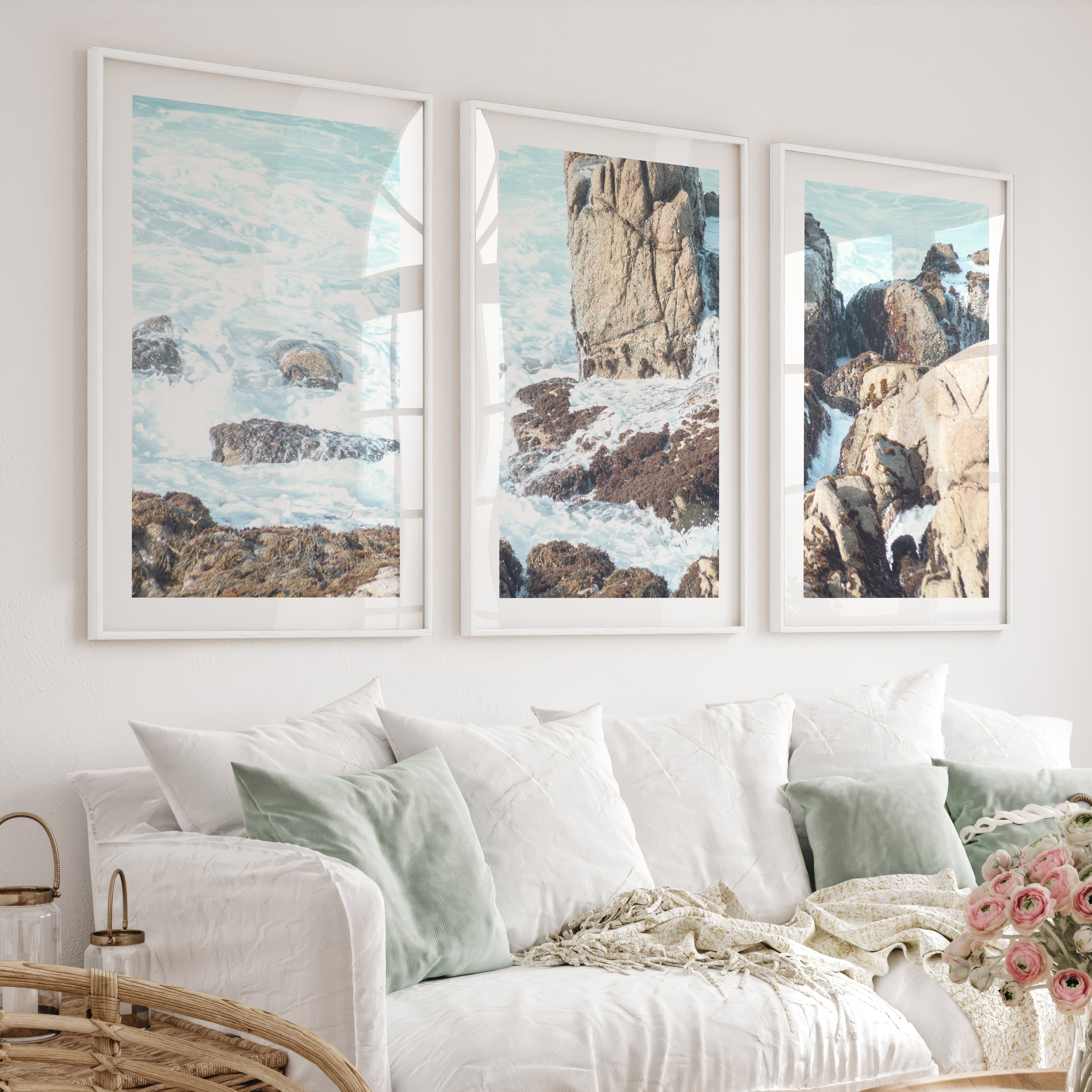 Rocky Shore Coastal Prints for Sale - White Framed Poster with White Border - Artworksets