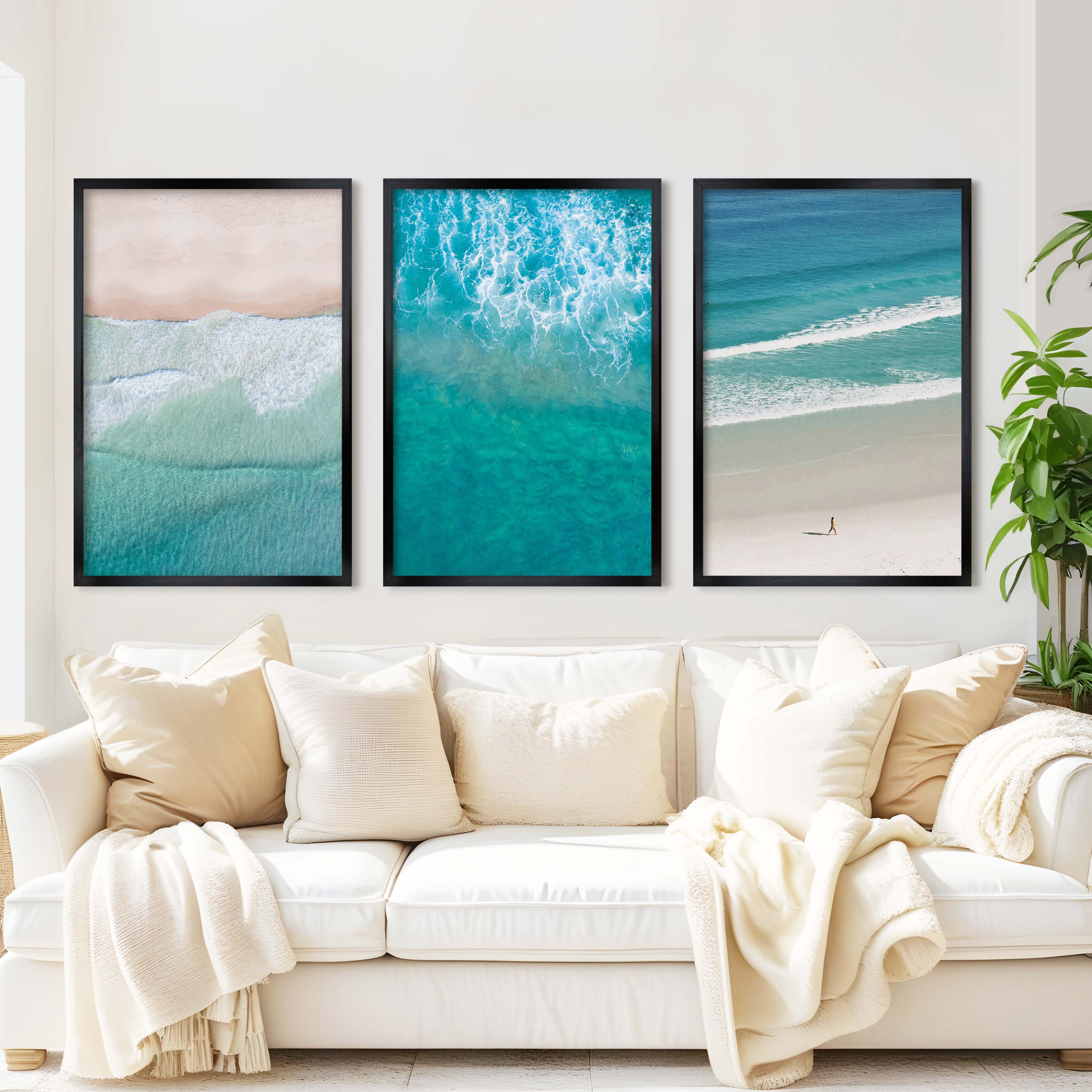Coastal Prints Wall Art – Aerial Beach & Turquoise Shoreline Set (3 Pieces) - Black Framed Poster No Border - Artworksets