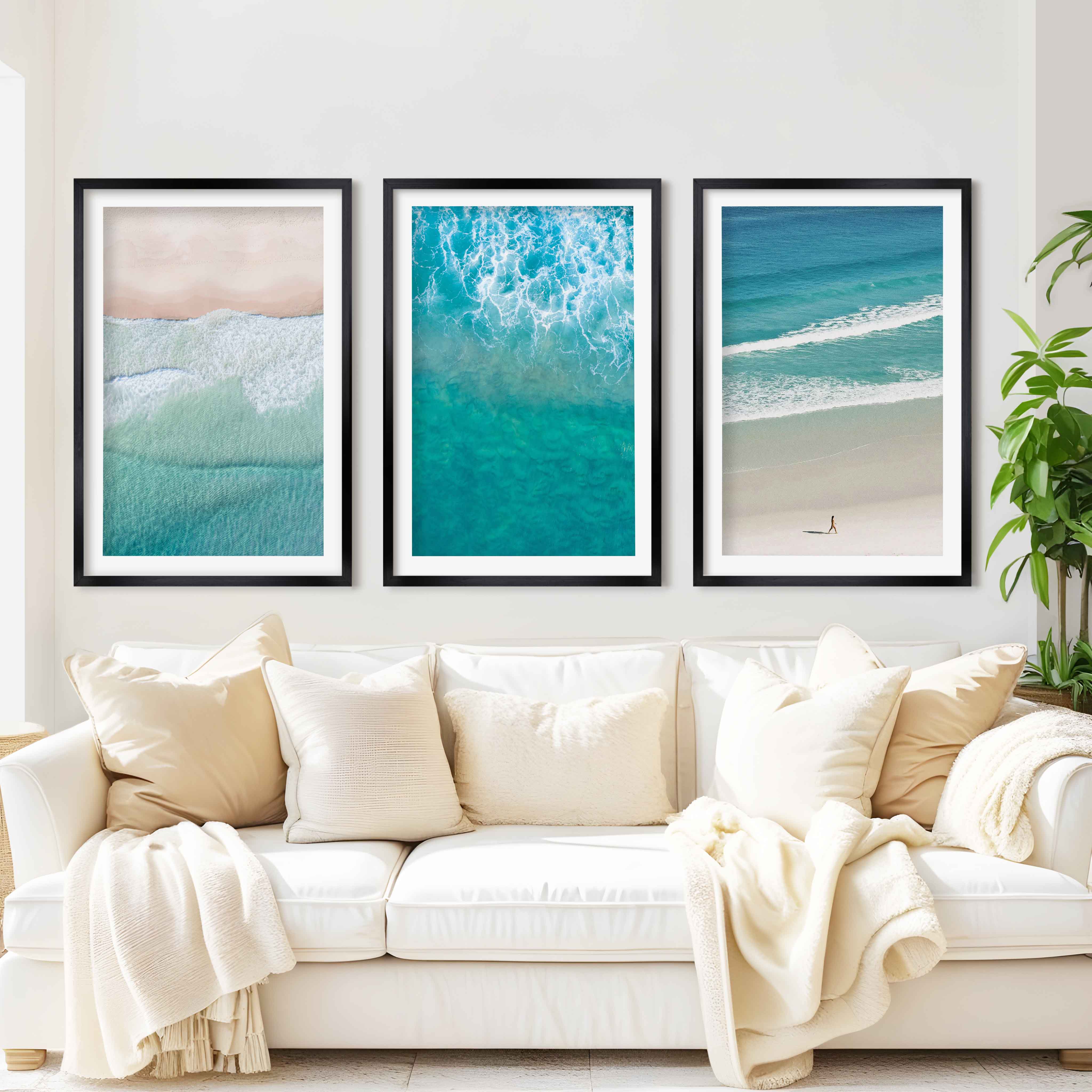 Coastal Prints Wall Art – Aerial Beach & Turquoise Shoreline Set (3 Pieces) - Black Framed Poster with White Border - Artworksets
