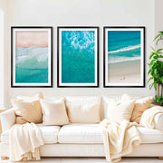 Coastal Prints Wall Art – Aerial Beach & Turquoise Shoreline Set (3 Pieces) - Black Framed Poster with White Border - Artworksets