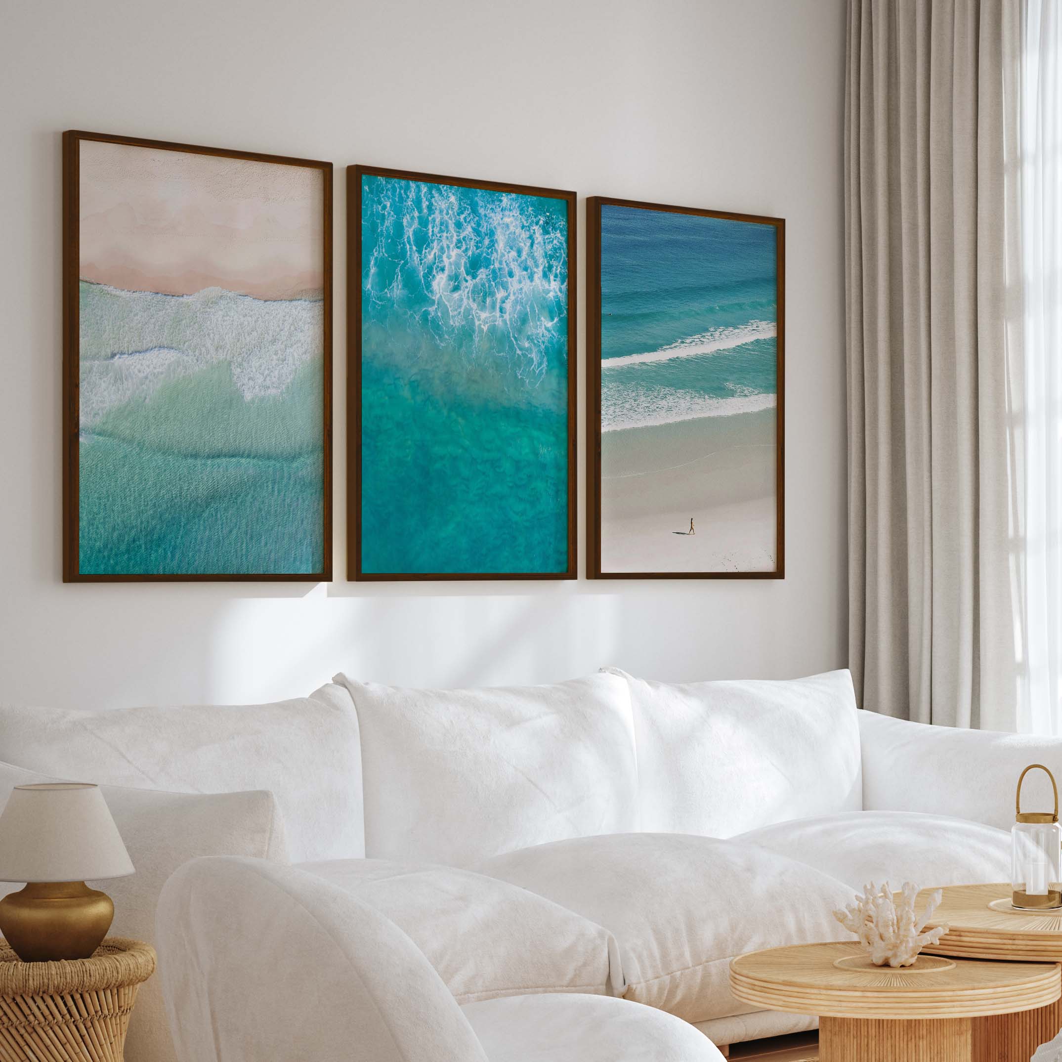 Coastal Prints Wall Art – Aerial Beach & Turquoise Shoreline Set (3 Pieces) - Dark Brown Framed Poster No Border - Artworksets