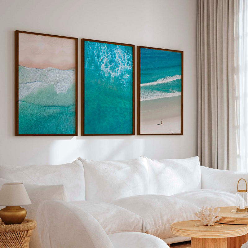 Coastal Prints Wall Art – Aerial Beach & Turquoise Shoreline Set (3 Pieces) - Dark Brown Framed Poster No Border - Artworksets