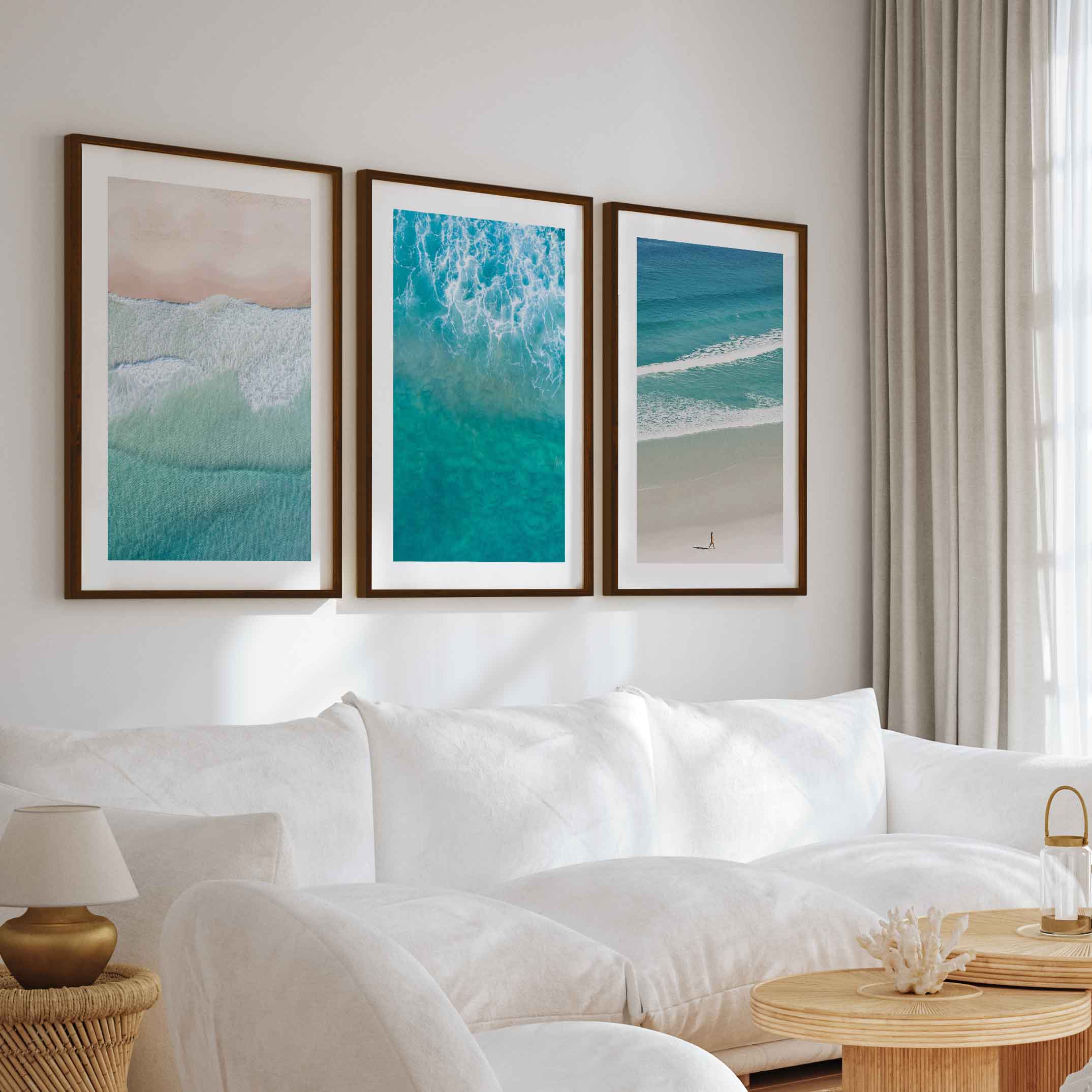 Coastal Prints Wall Art – Aerial Beach & Turquoise Shoreline Set (3 Pieces) - Dark Brown Framed Poster with White Border - Artworksets