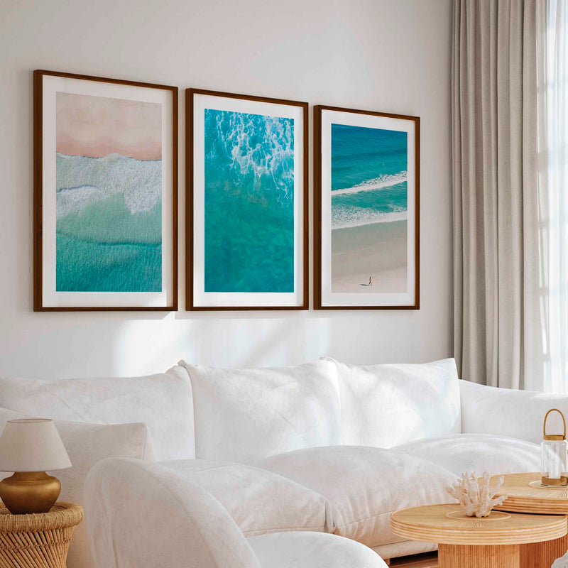 Coastal Prints Wall Art – Aerial Beach & Turquoise Shoreline Set (3 Pieces) - Dark Brown Framed Poster with White Border - Artworksets