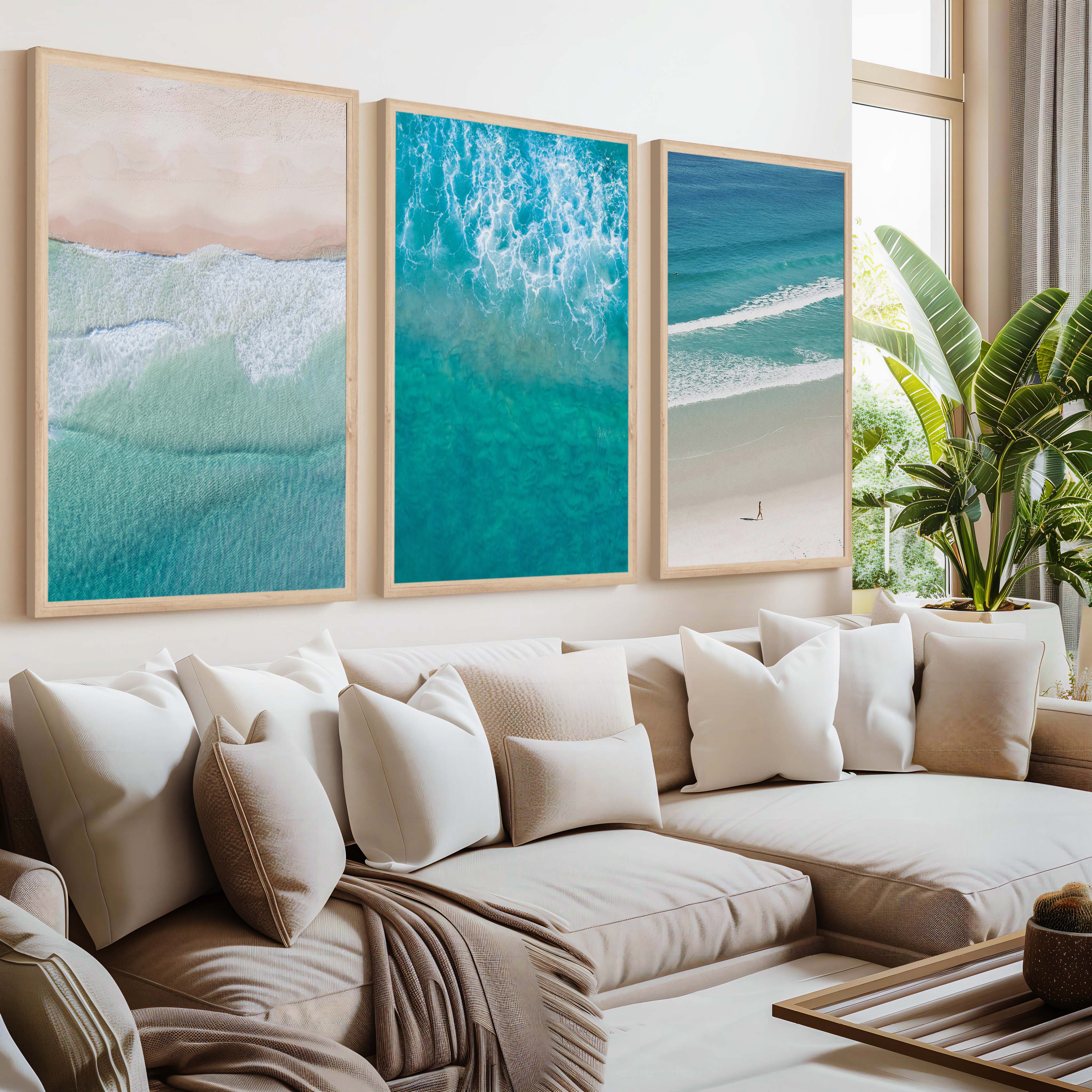 Coastal Prints Wall Art – Aerial Beach & Turquoise Shoreline Set (3 Pieces) - Natural Wood Framed Poster No Border - Artworksets