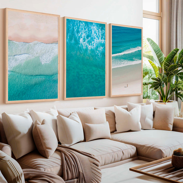 Coastal Prints Wall Art – Aerial Beach & Turquoise Shoreline Set (3 Pieces) - Natural Wood Framed Poster No Border - Artworksets
