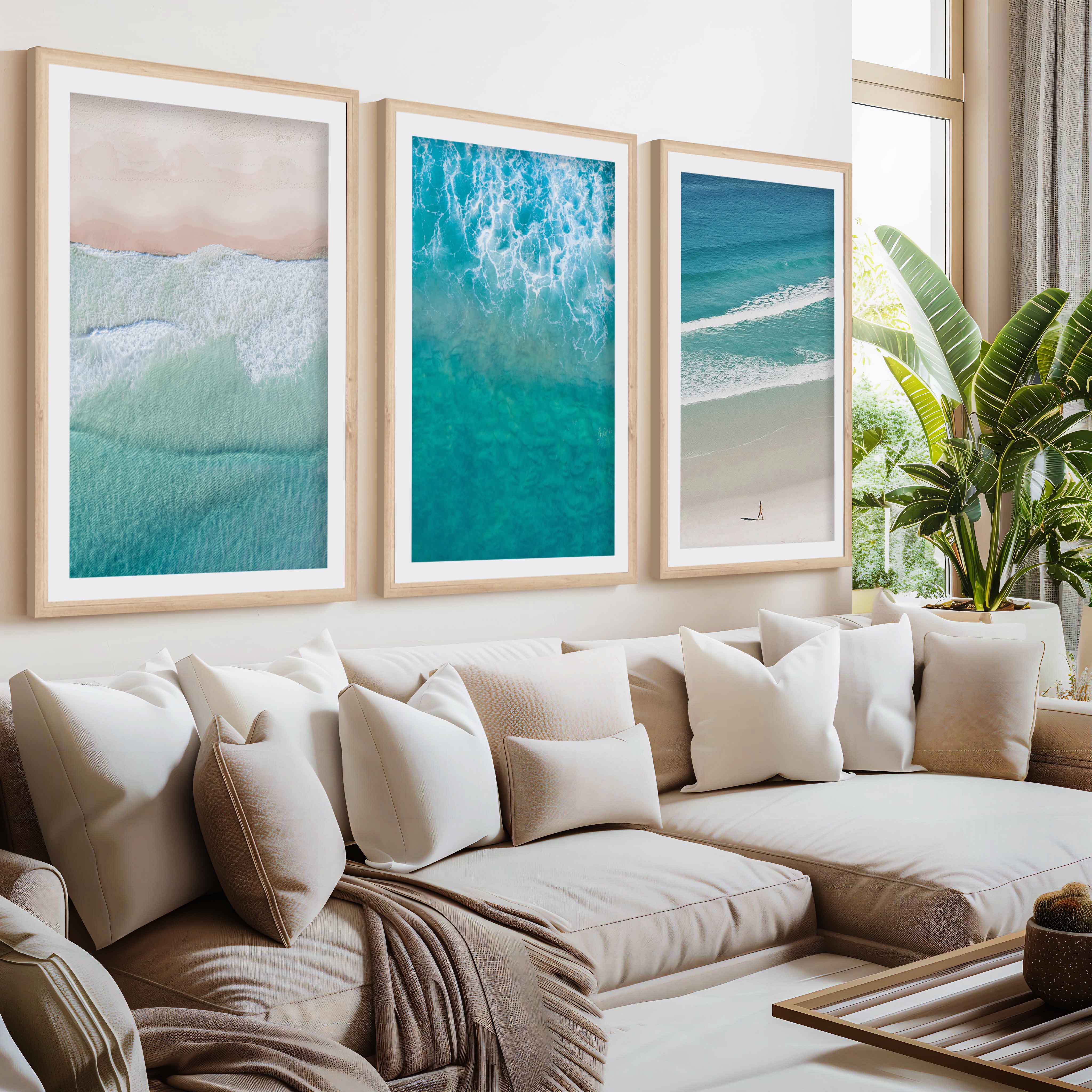 Coastal Prints Wall Art – Aerial Beach & Turquoise Shoreline Set (3 Pieces)- Natural Wood Framed Poster with White Border - Artworksets