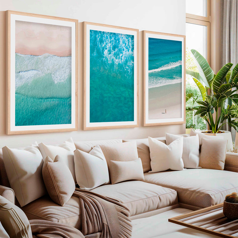Coastal Prints Wall Art – Aerial Beach & Turquoise Shoreline Set (3 Pieces)- Natural Wood Framed Poster with White Border - Artworksets