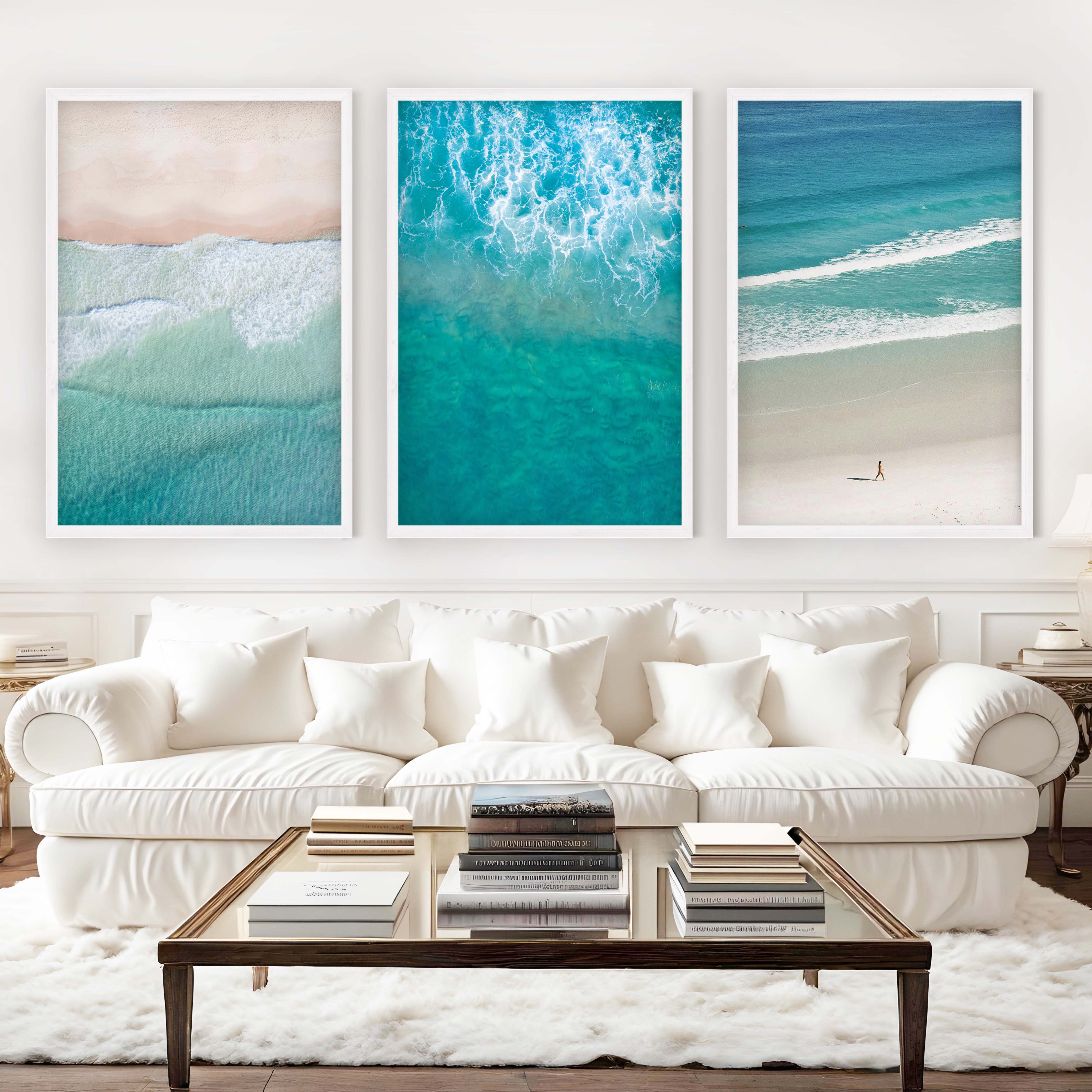 Coastal Prints Wall Art – Aerial Beach & Turquoise Shoreline Set (3 Pieces) - White Framed Poster No Border - Artworksets