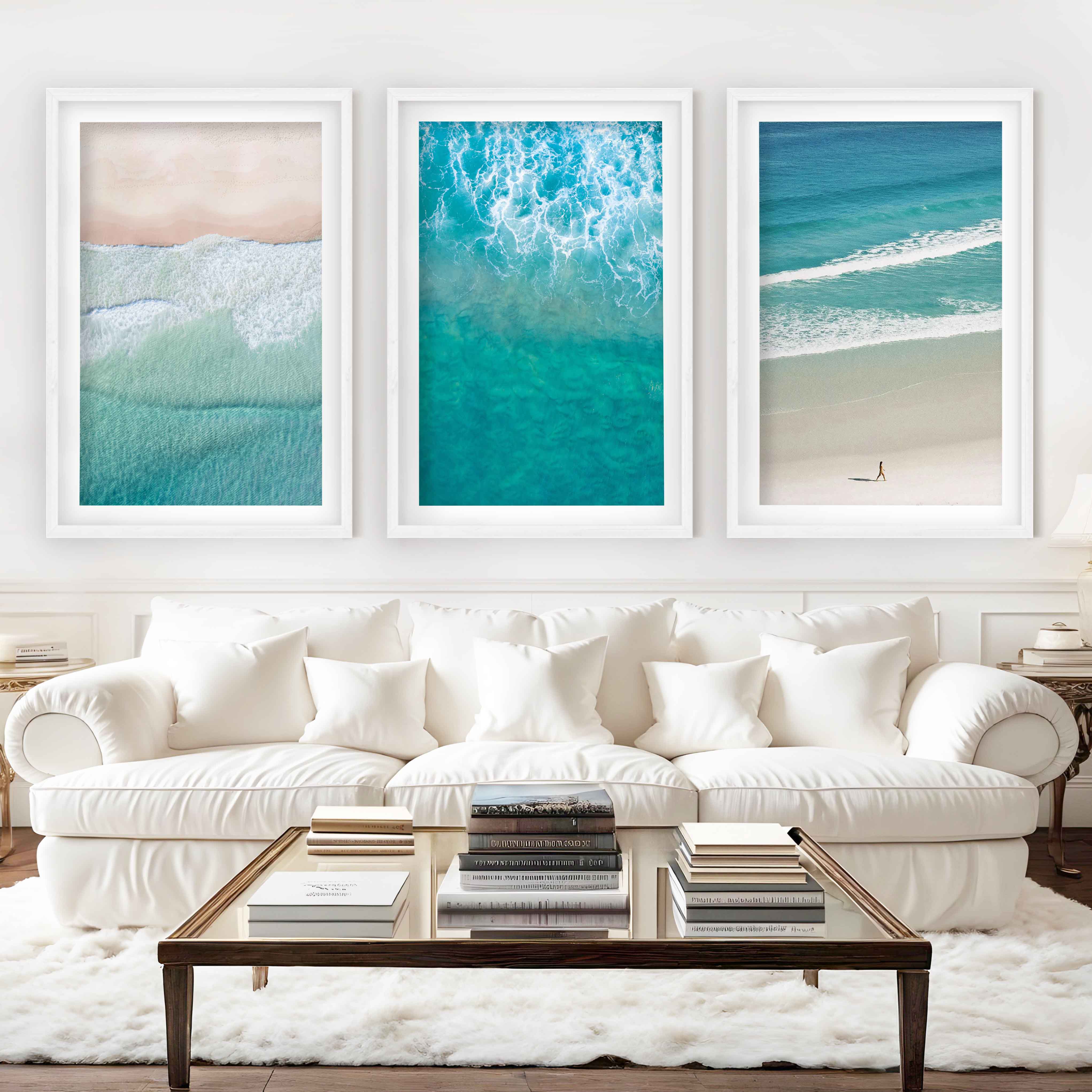 Coastal Prints Wall Art – Aerial Beach & Turquoise Shoreline Set (3 Pieces) - White Framed Poster with White Border - Artworksets