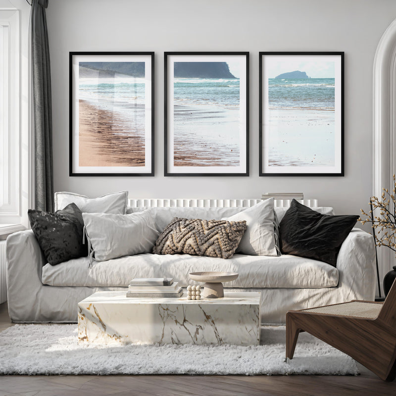 Wet Shoreline coastal prints wall art - Black Framed Poster with White Border - Artworksets