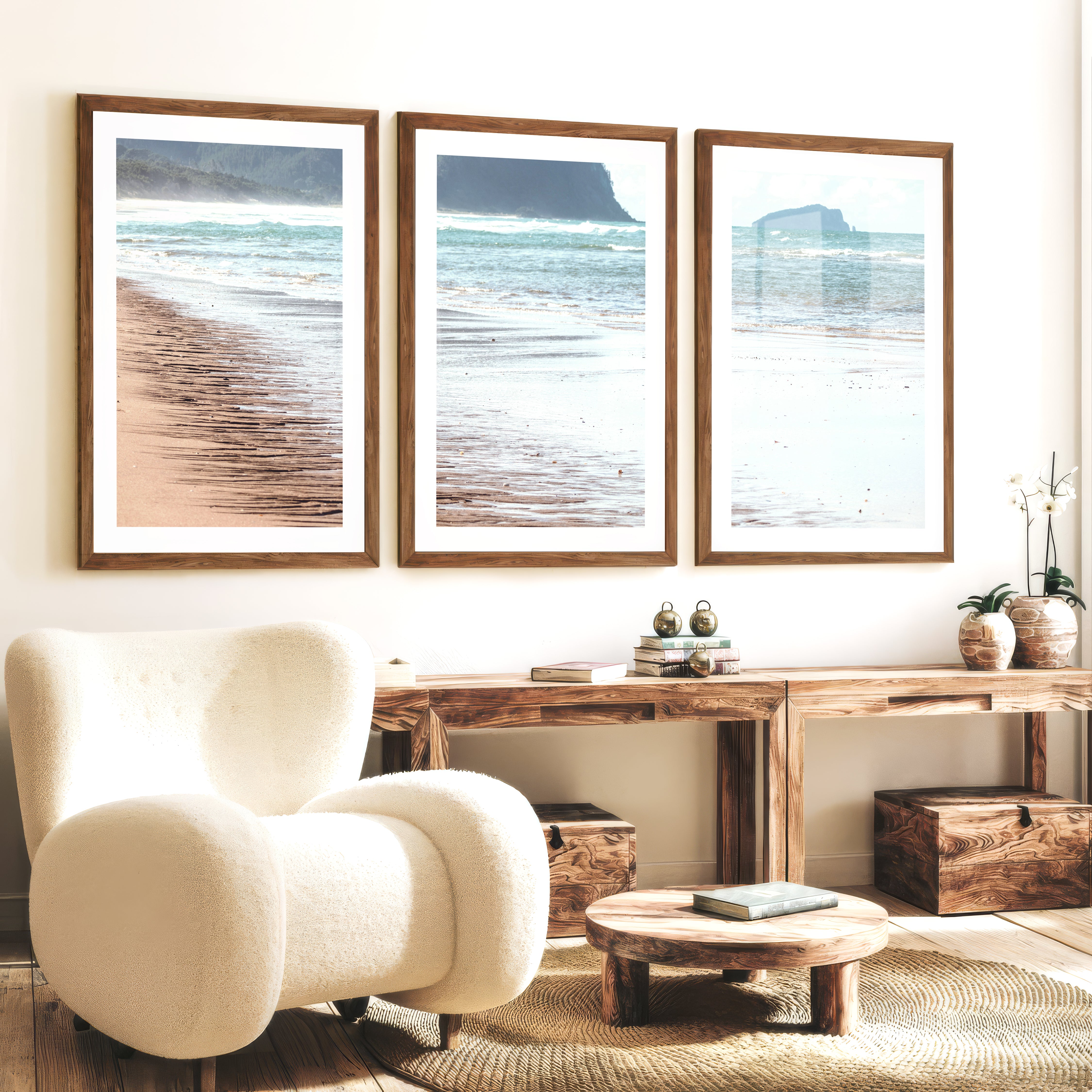 Wet Shoreline coastal prints wall art - Dark Brown Framed Poster with White Border - Artworksets