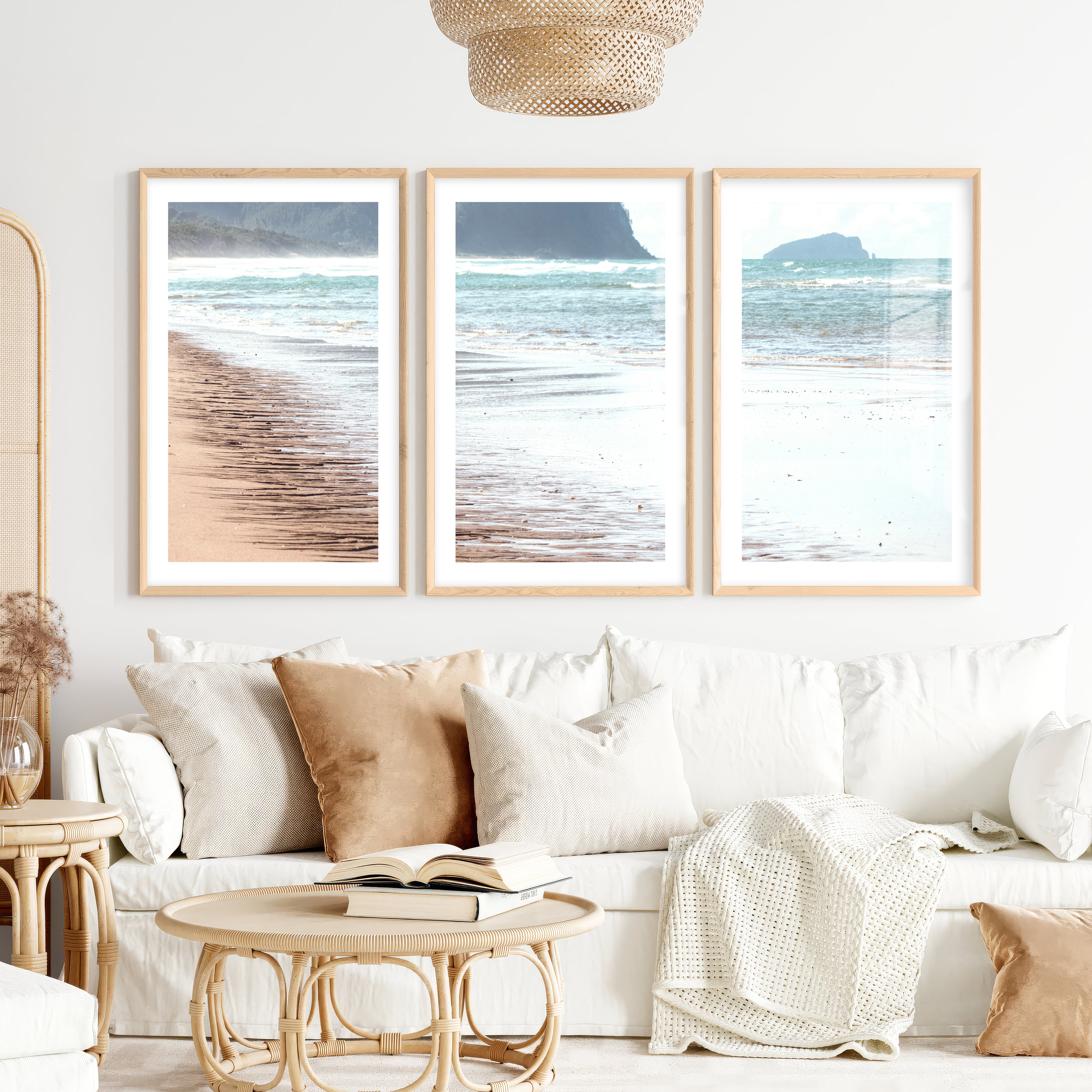 Wet Shoreline coastal prints wall art- Natural Wood Framed Poster with White Border - Artworksets