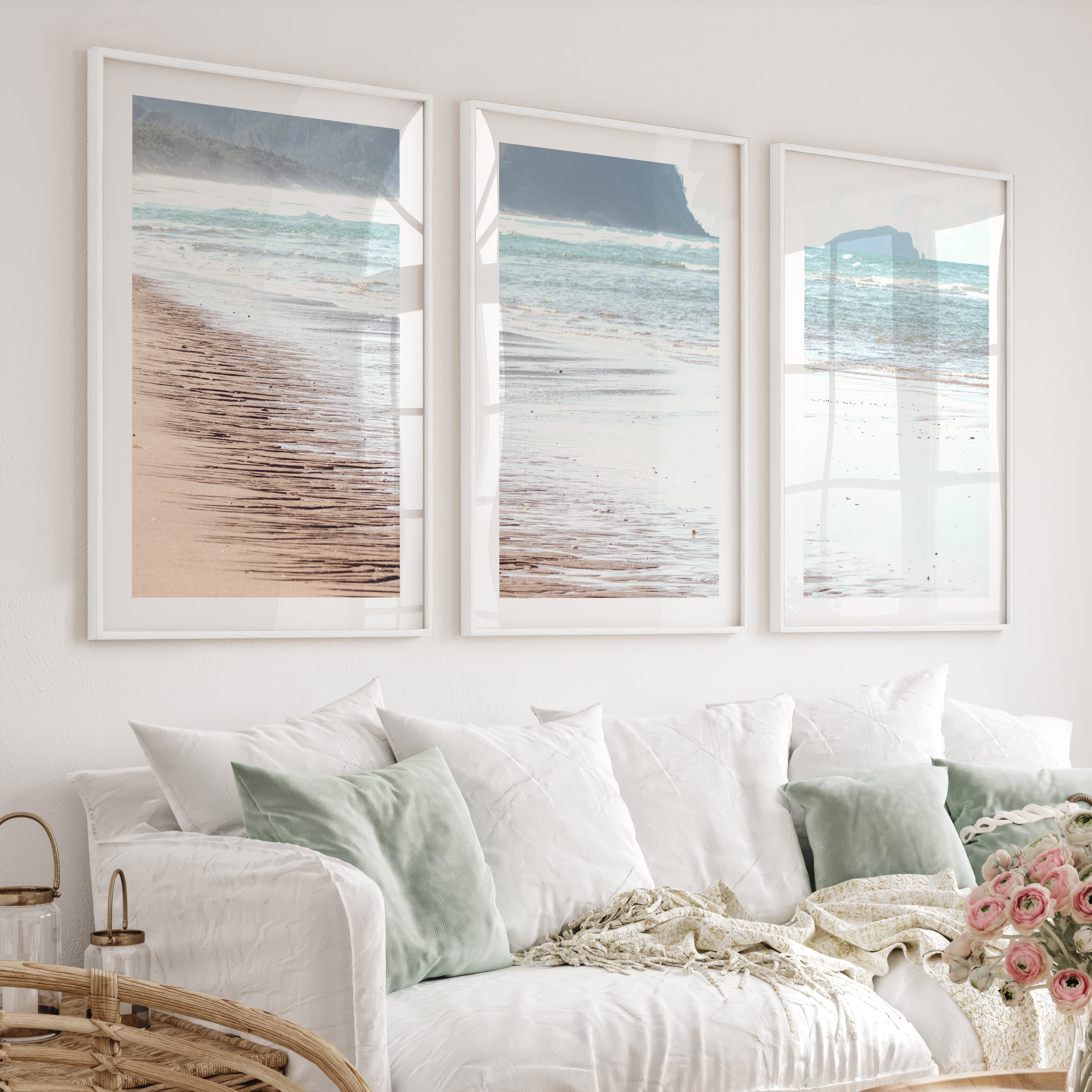 Wet Shoreline coastal prints wall art - White Framed Poster with White Border - Artworksets