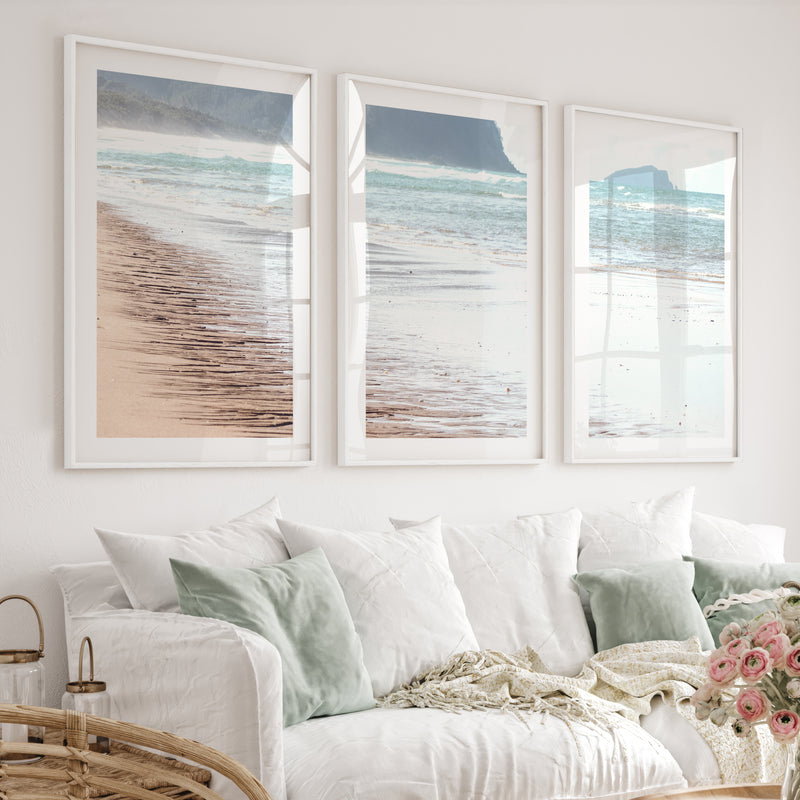 Wet Shoreline coastal prints wall art - White Framed Poster with White Border - Artworksets