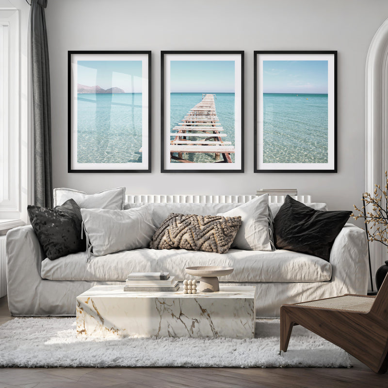 Wooden Pier Coastal Prints - Black Framed Poster with White Border - Artworksets